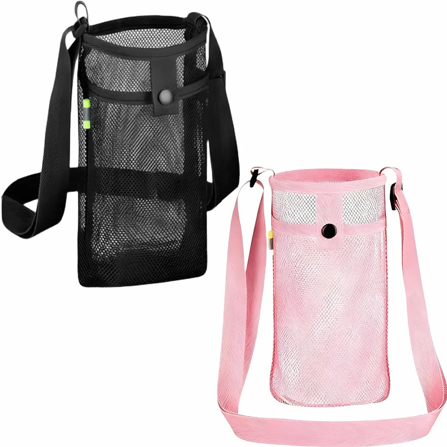 Sac de Bouteille d'eau en Filet, Porte Gourde Randonnée avec Bandoulière Réglable, pour Camping, Alpinisme (Schwarz, Rose)