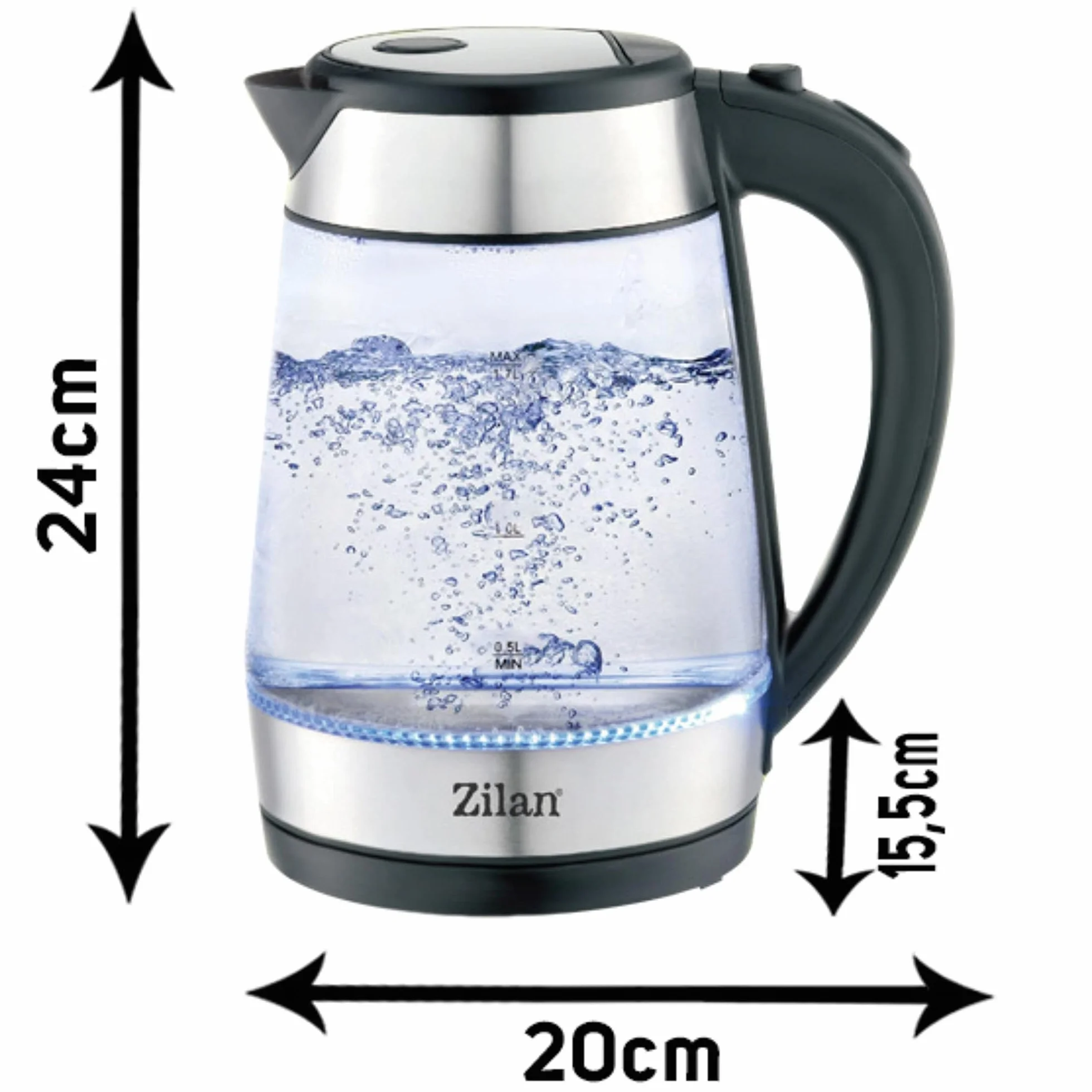 Bouilloire en verre et acier inoxydable 2200W 1,7L Éclairage LED bleu 360° Filtre anti-calcaire Sans BPA