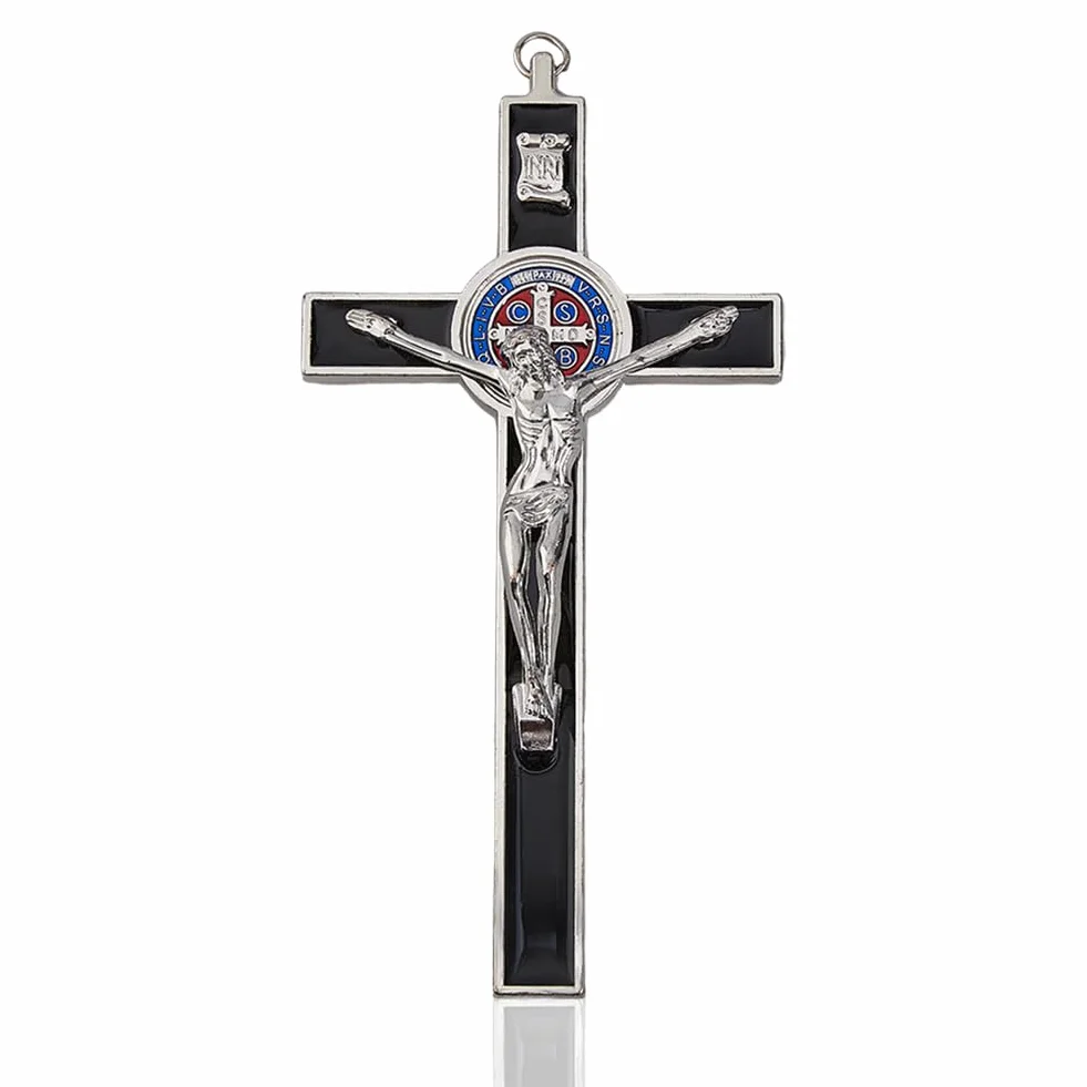 DICOSMETIC Petite croix murale en alliage Saint Benoît Émail noir Crucifix Jésus-Christ 19,2 x 9,8 cm