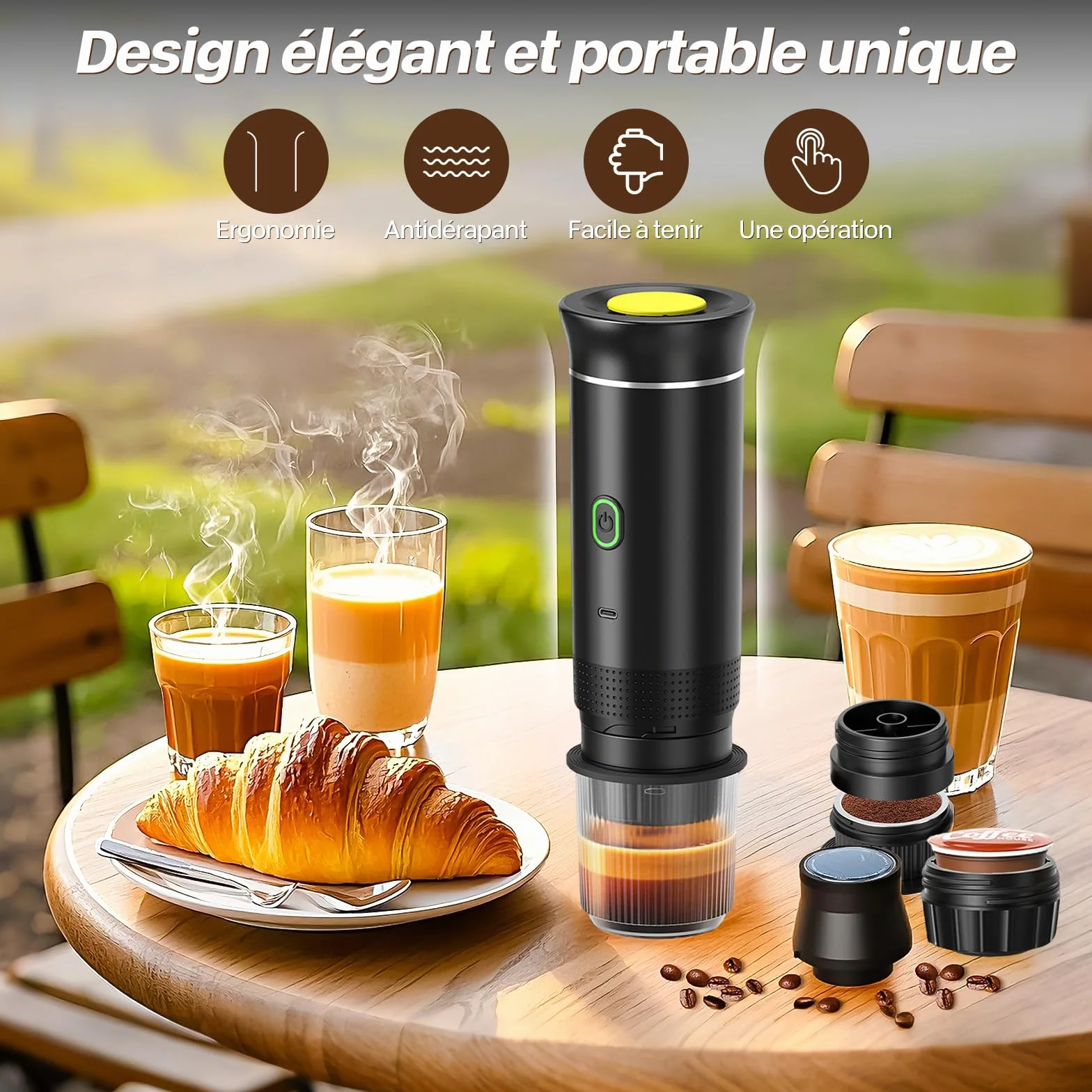 Machine à Café Portable 12V Chauffage Rapide 3 En 1 Auto-Chauffage 4-6 Min Grandes Capsules Café Moulu Camping Bureau Maison Voiture Noir