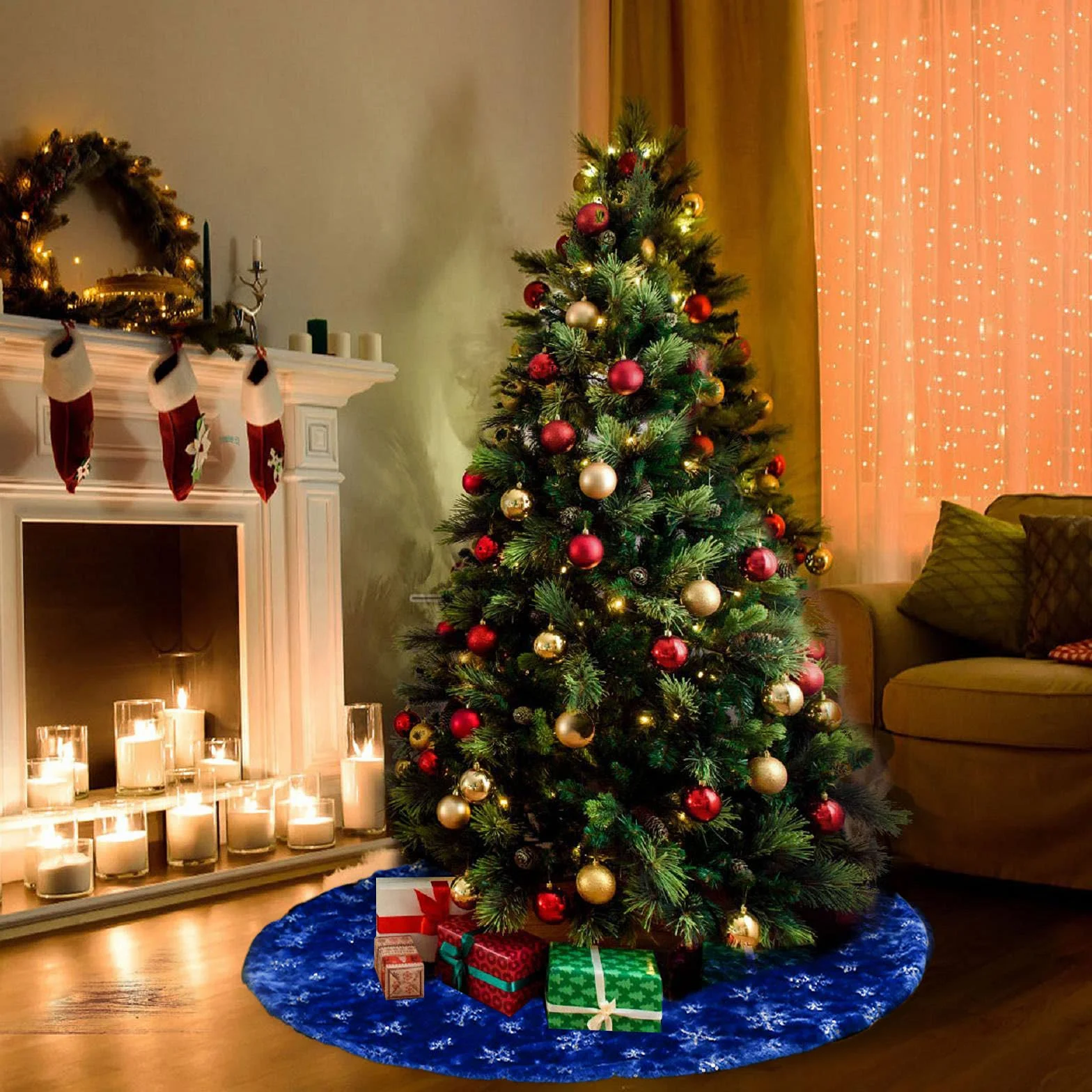 Jupe de Sapin de Noël Bleu Peluche 78cm avec Flocons de Neige Argent Paillettes Couvre-pied Tapis