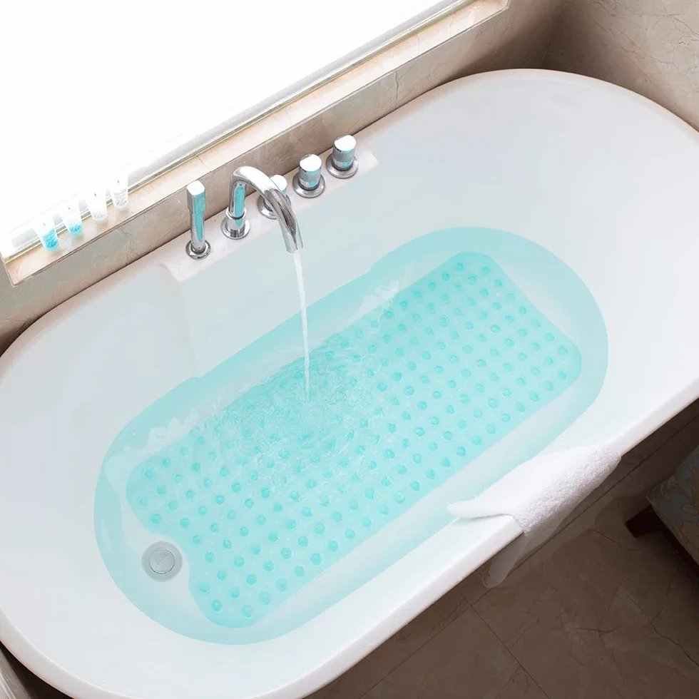Tapis de Bain Antidérapant 99 x 39 cm Lavable en Machine Bleu Transparent