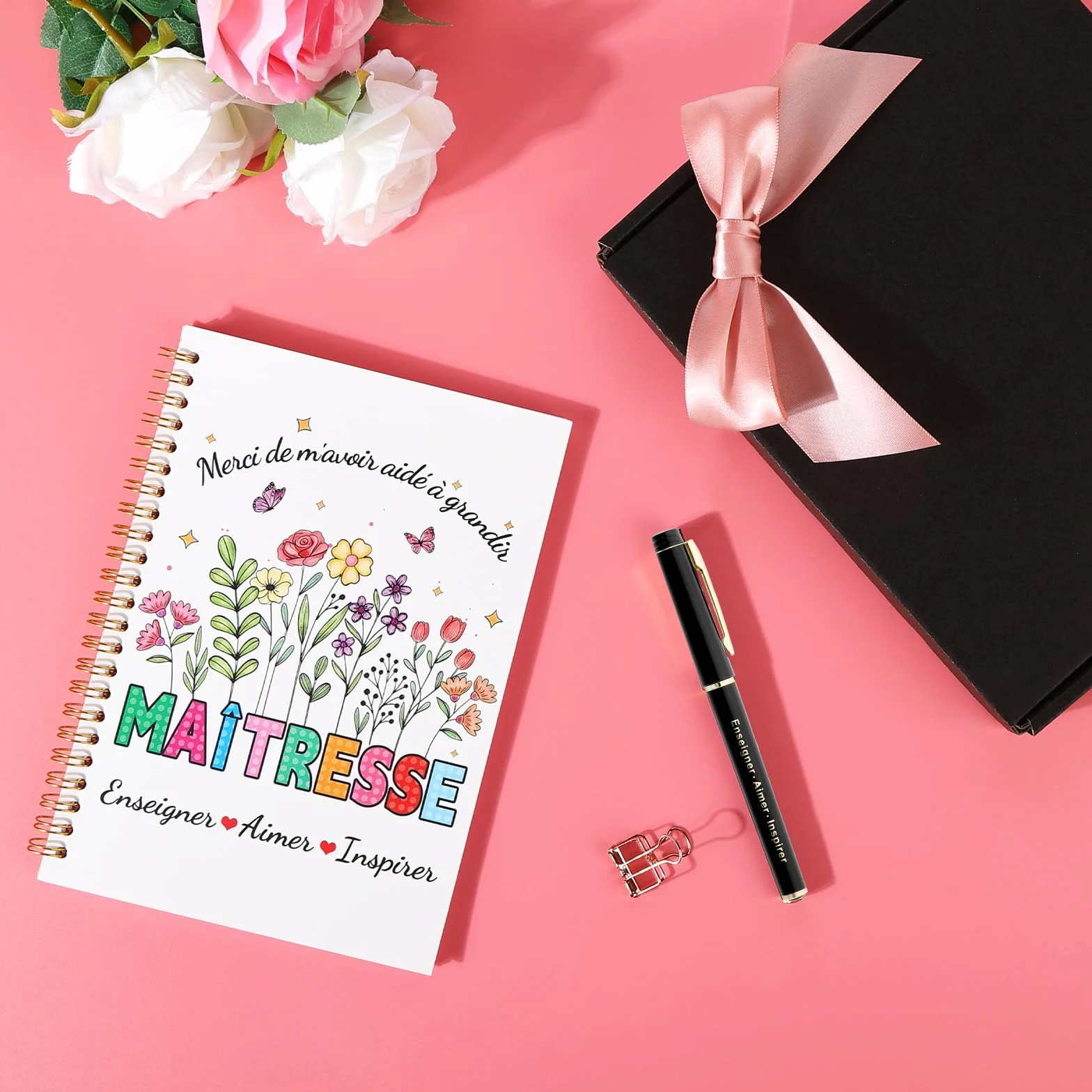 Echehi Cadeau Maitresse d'École Fin d'Année, Avec Tote Bag, Carnet A5, Stylo