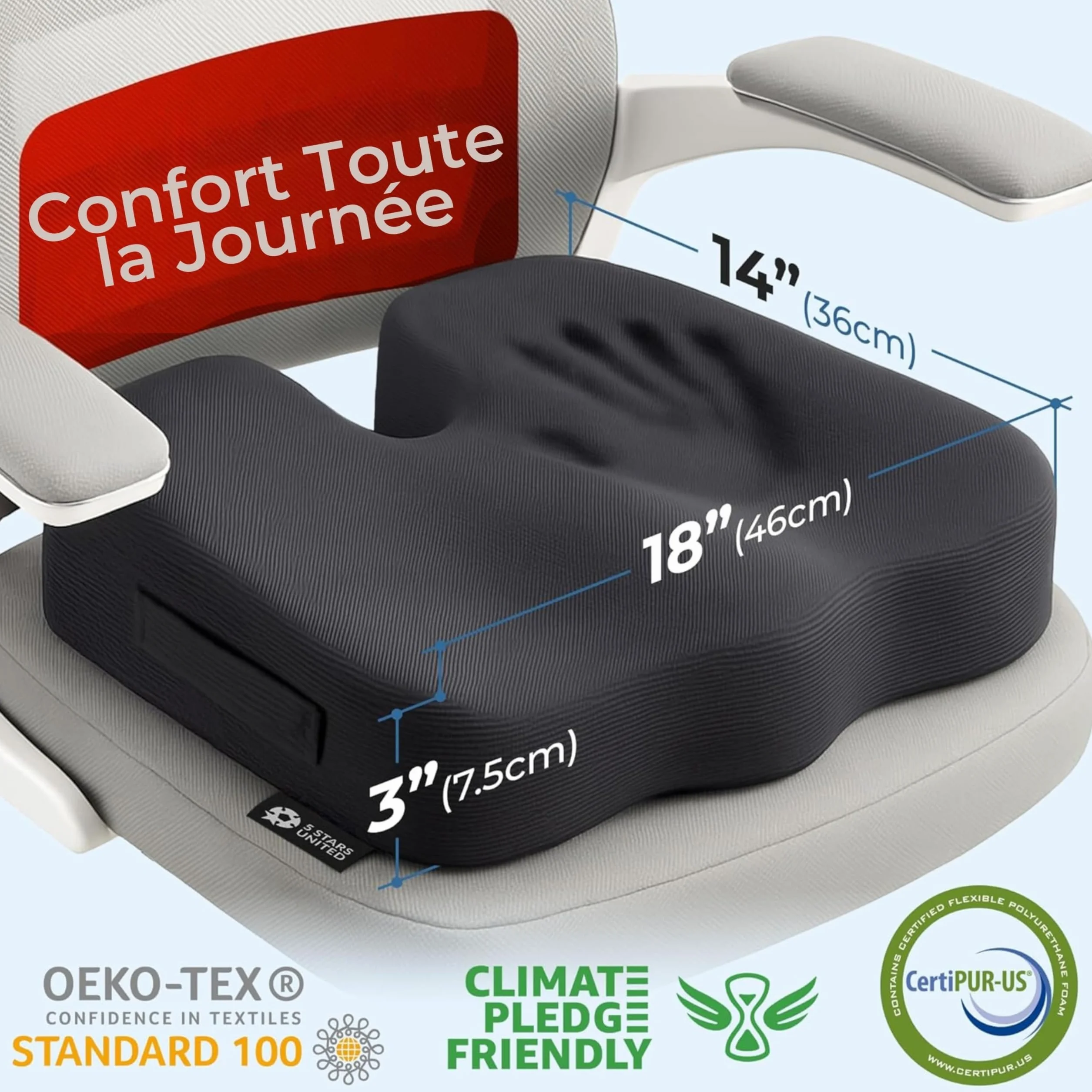 Coussin d’Assise en Mousse à Mémoire de Forme, Coccyx Ergonomique pour Chaise de Bureau, Soulagement Sciatique & Lombaires – Noir
