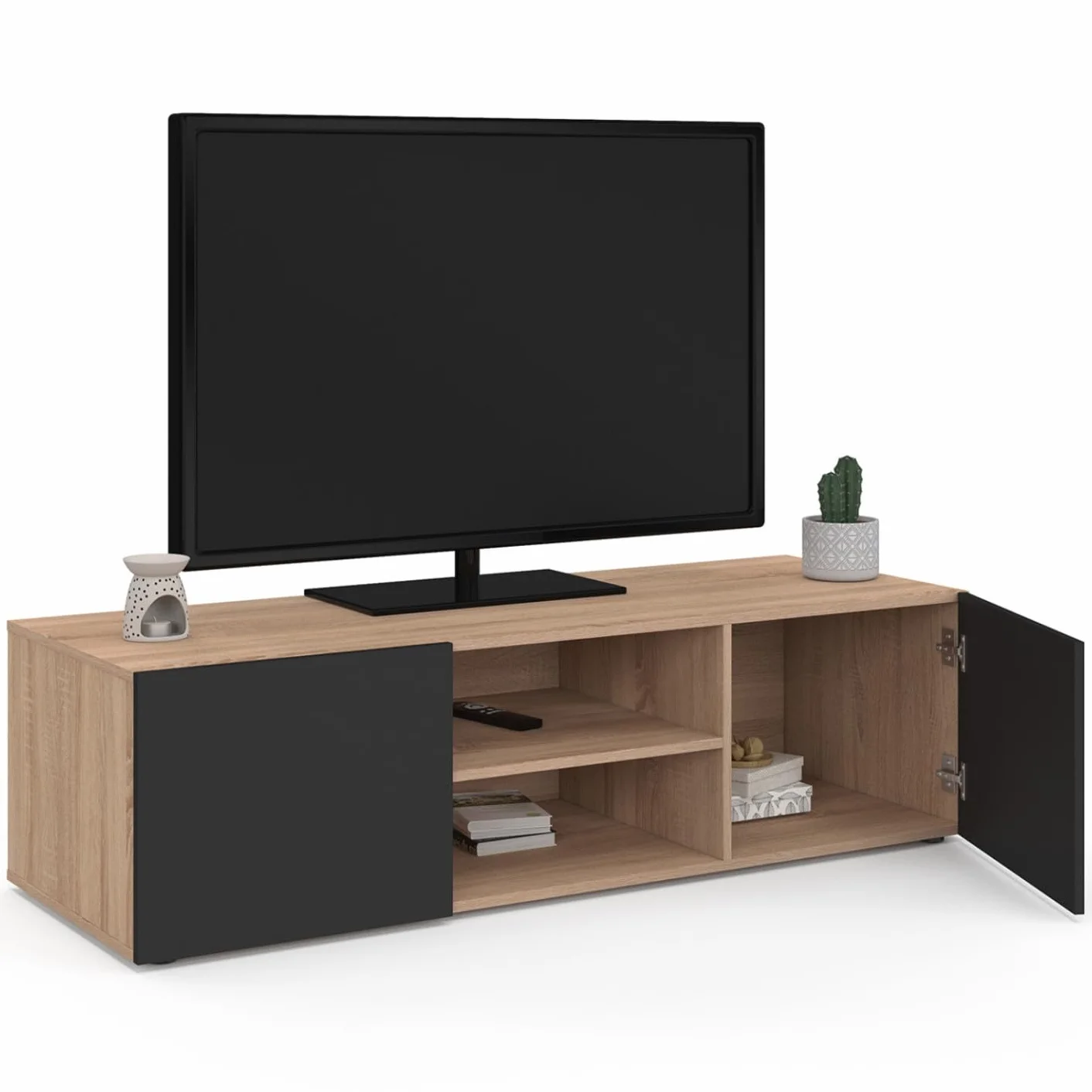 Meuble TV 113 cm ELI Bois façon hêtre Portes Noires