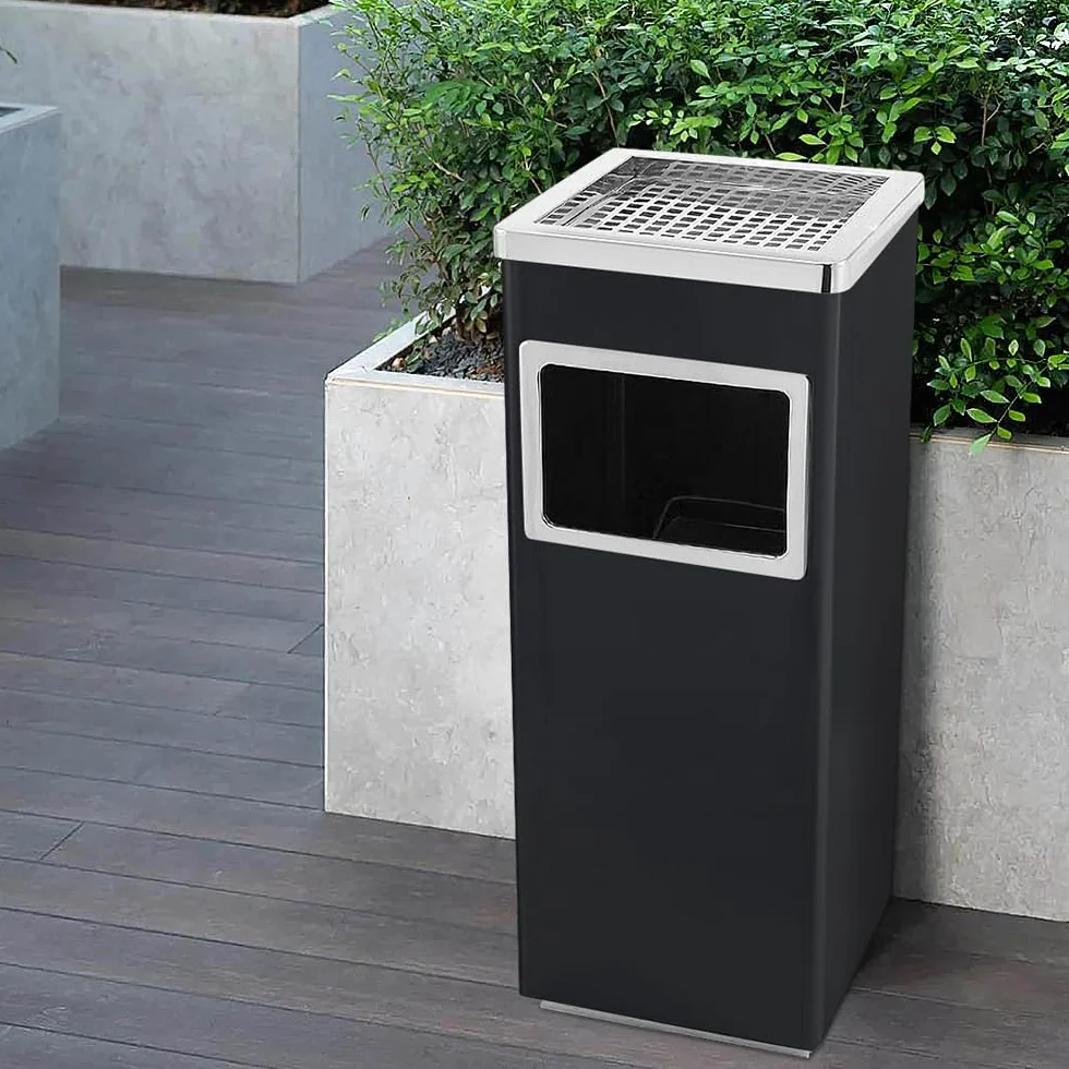 Poubelle en acier inoxydable 35L avec cendrier sur pied, 24x24x60 cm noir