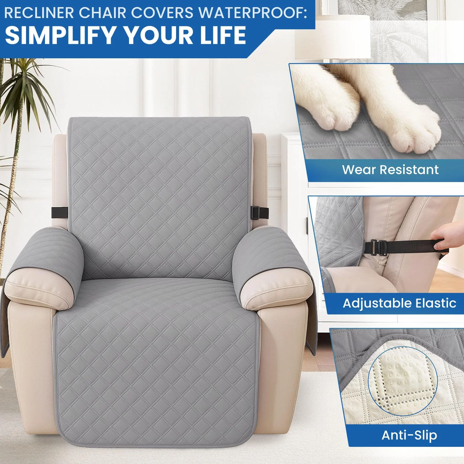 Housse Fauteuil Relax 1 Place Étanche Inclinable Antidérapant avec Poches Latérales Lavable Gris Clair