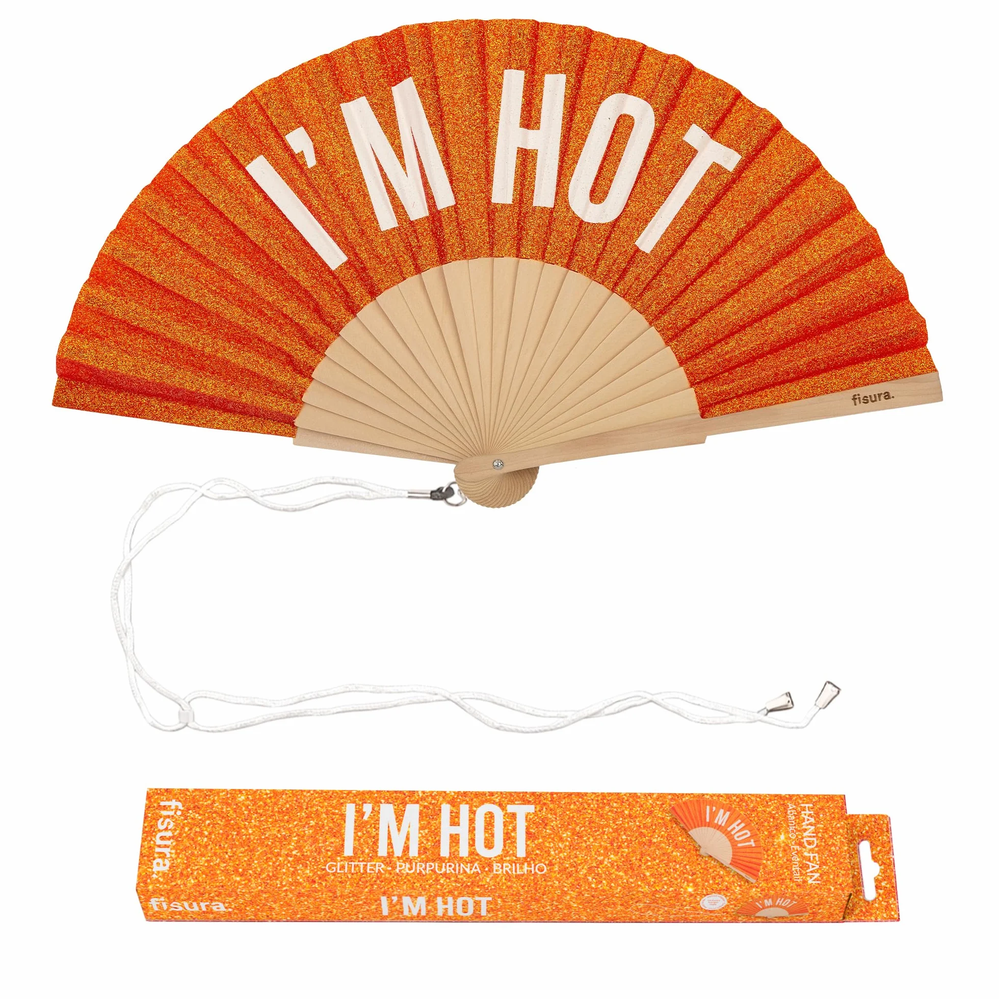 Éventail Original I'm Hot en Bois Moderne Orange Pailleté 42,5 x 23 cm
