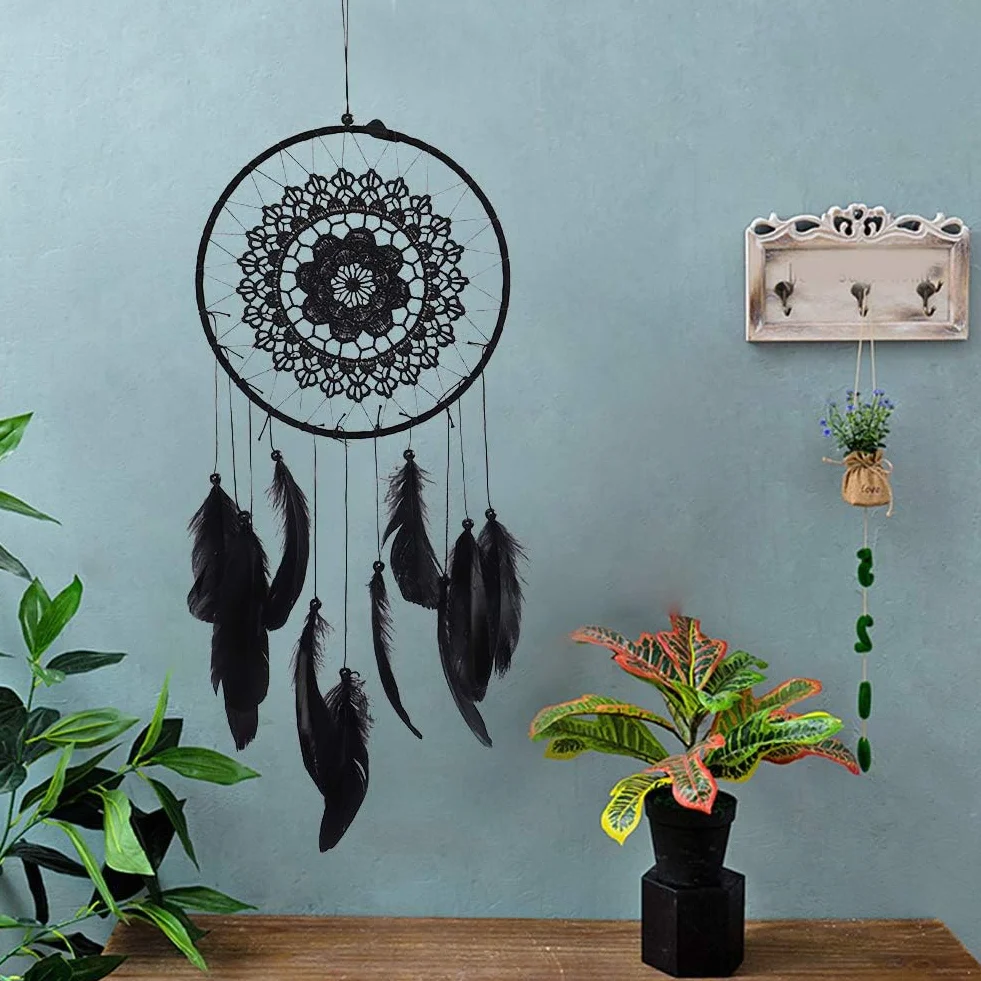 Dreamcatcher Noir Plumes Ornement Murale Décoration Chambre