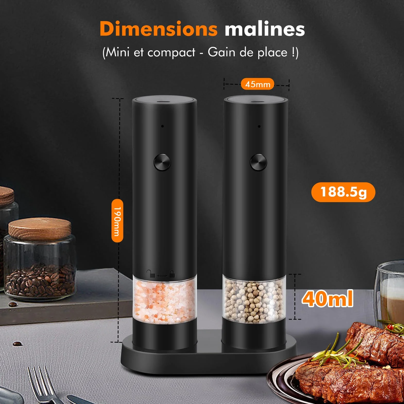 Moulin à Poivre Électrique Rechargeable USB Lot de 2 avec Base Réglable