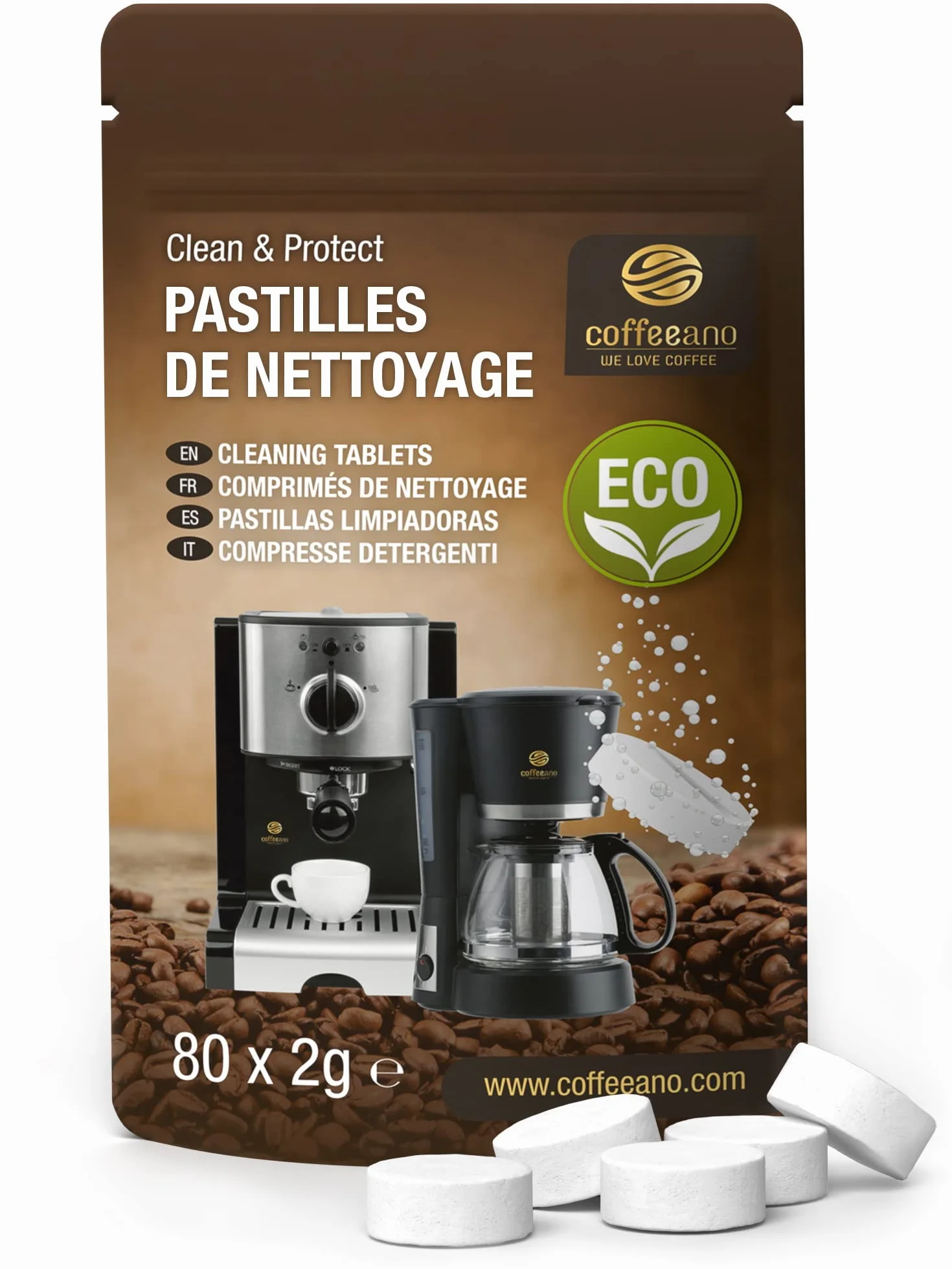 Pastilles de nettoyage pour machines à café Jura, Krups, Melitta, Delonghi, Siemens, Philips, Bosch - Coffeeano