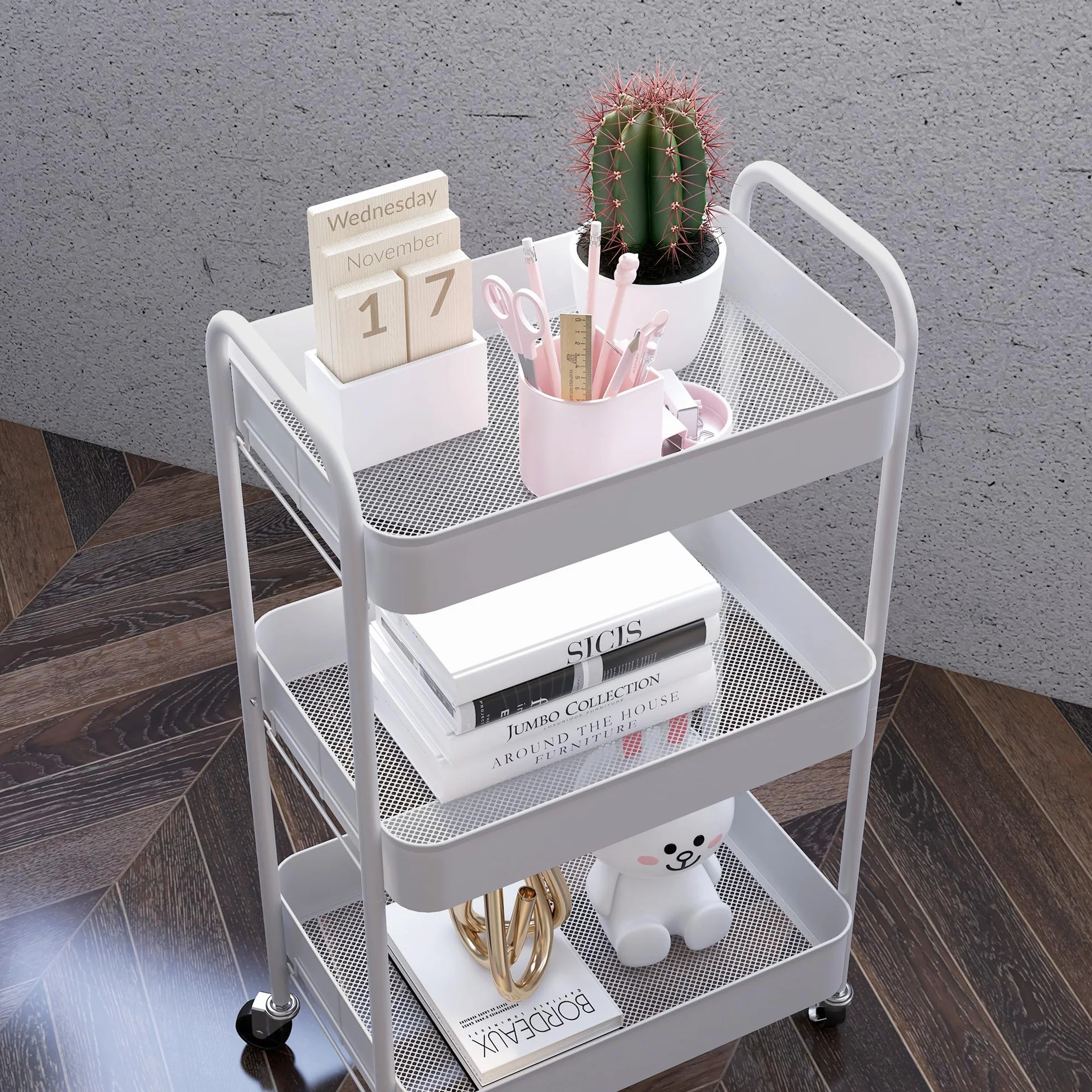 HOMCOM Chariot de Rangement en Acier 3 Niveaux Plateaux ajourés 45 x 30,6 x 79 cm Blanc