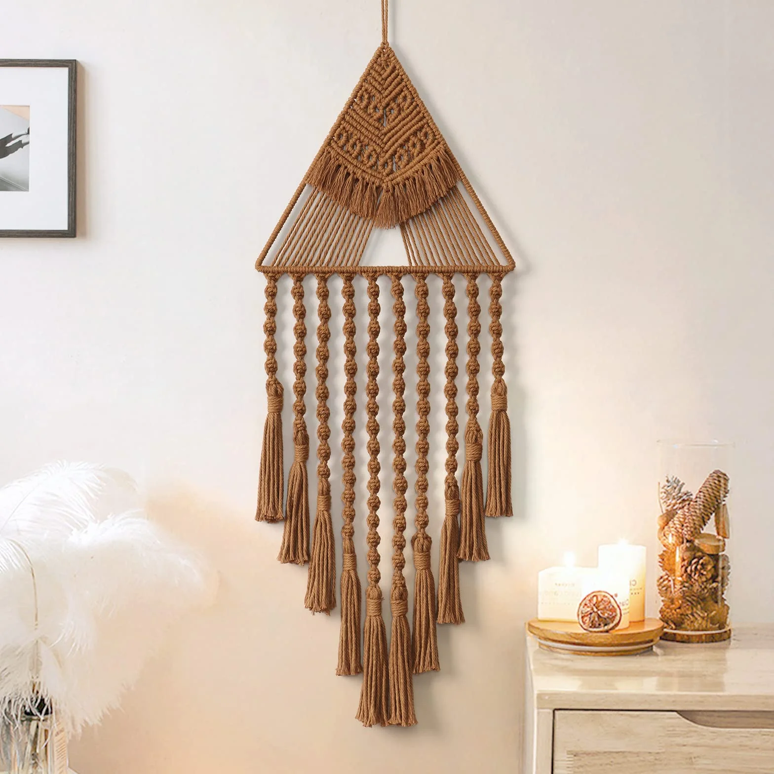 Boho Macramé Tenture Murale Géométrique Art Mural Tissé Attrape-rêves Tapisserie Murale Coton Fait à la Main Marron