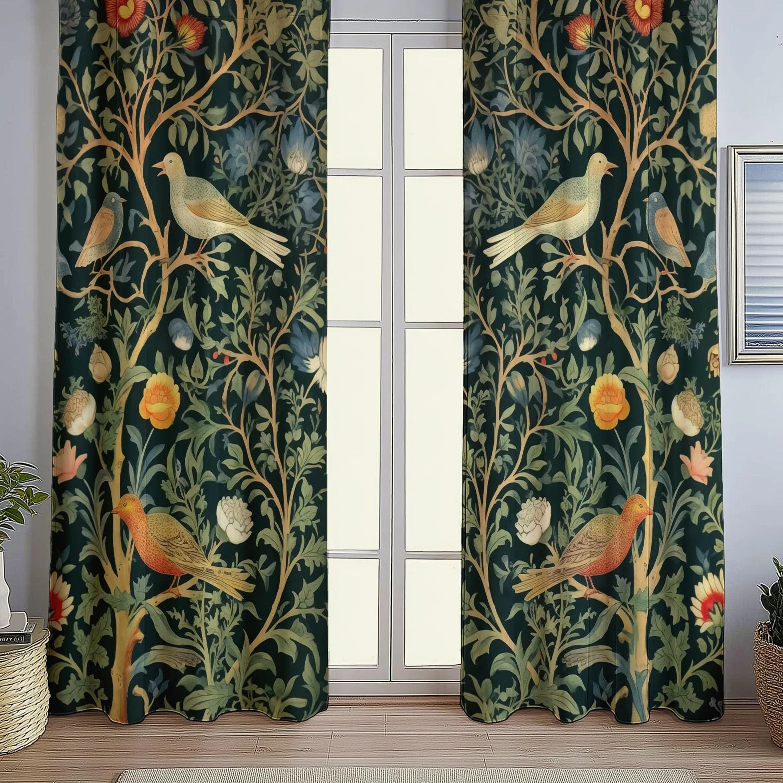 William Morris Fleurs Oiseaux Rideaux à Oeillets 70x240 cm 2 Panneaux Isolant Opaque Vert Foncé Porte-Fenêtre