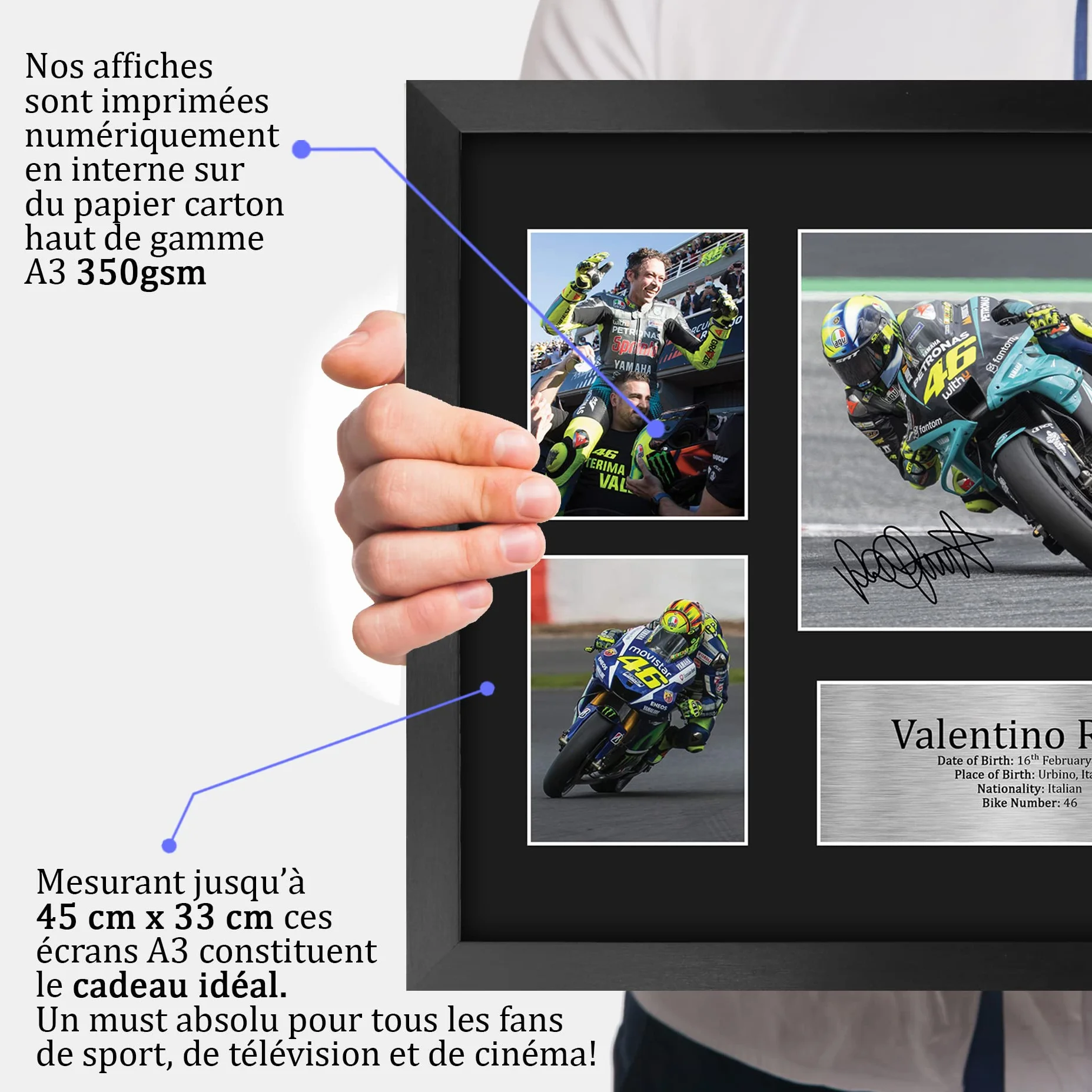 Valentino Rossi A3 Cadre Photo Autographe Signée MotoGP