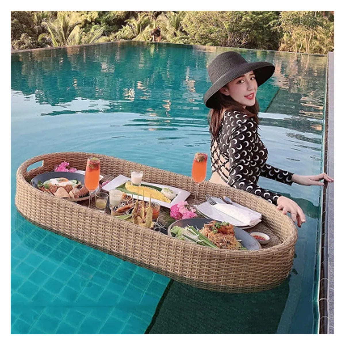 Plateau de Service Flottant de Luxe, Plateau de Piscine, Plateau de Petit-déjeuner Flottant en rotin Jaune, Plateaux de Service flottants ovales, Bar de Table, Plateaux de Service de Piscine