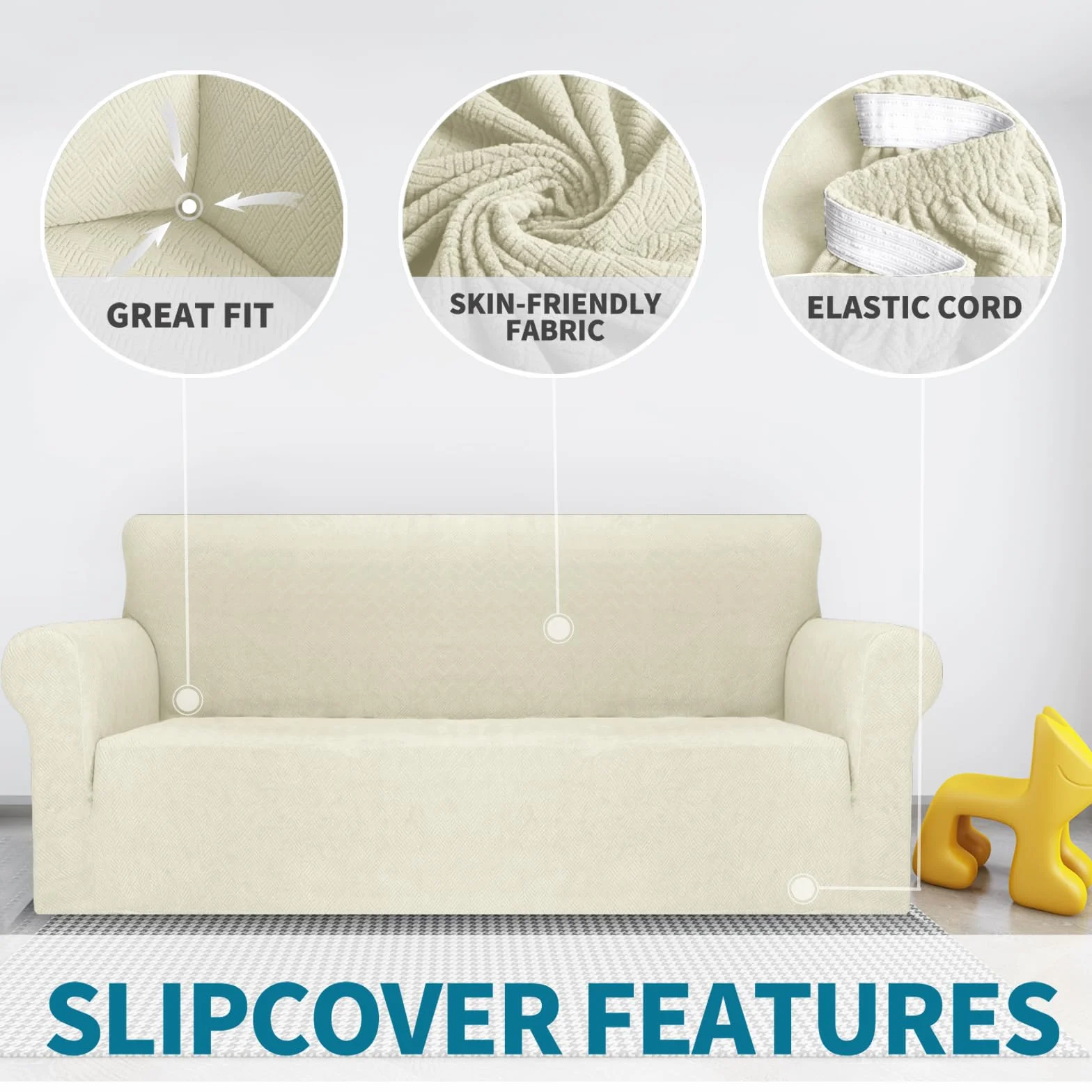 YSTELLAA Extensible Housse De Canapé 3 Places Universelle avec Accoudoirs, Sofa Cover Lavable Antidérapante Beige