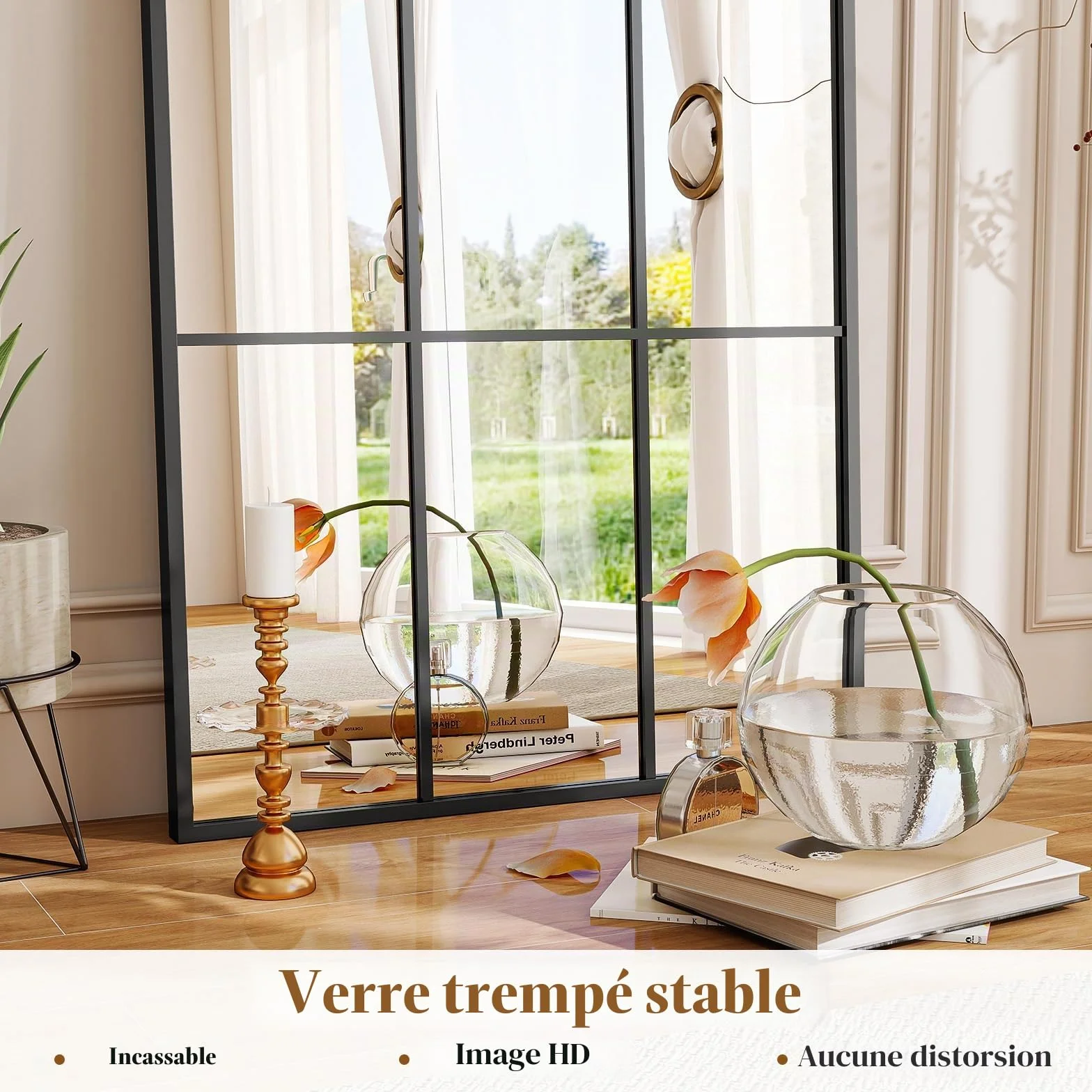 Koonmi Miroir Fenêtre 60 x 165 cm Rectangulaire Grille Décorative Corps Plein Cadre Métal Suspendu Entrée Salon Noir