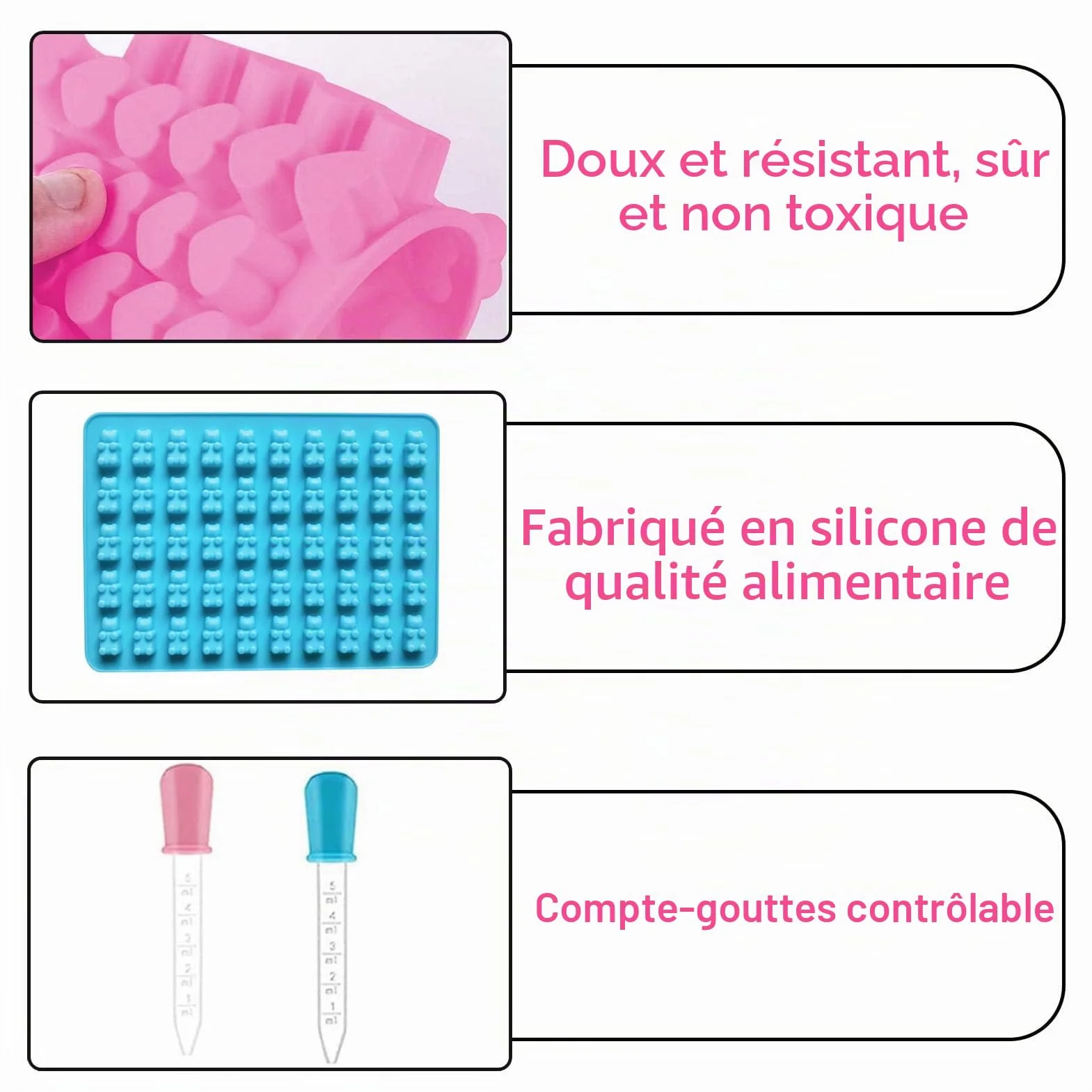 Moules en Silicone pour Oursons, Anti-adhésif, Forme de Cœur, 55 Cœurs/50, Lot de 2 avec Compte-gouttes