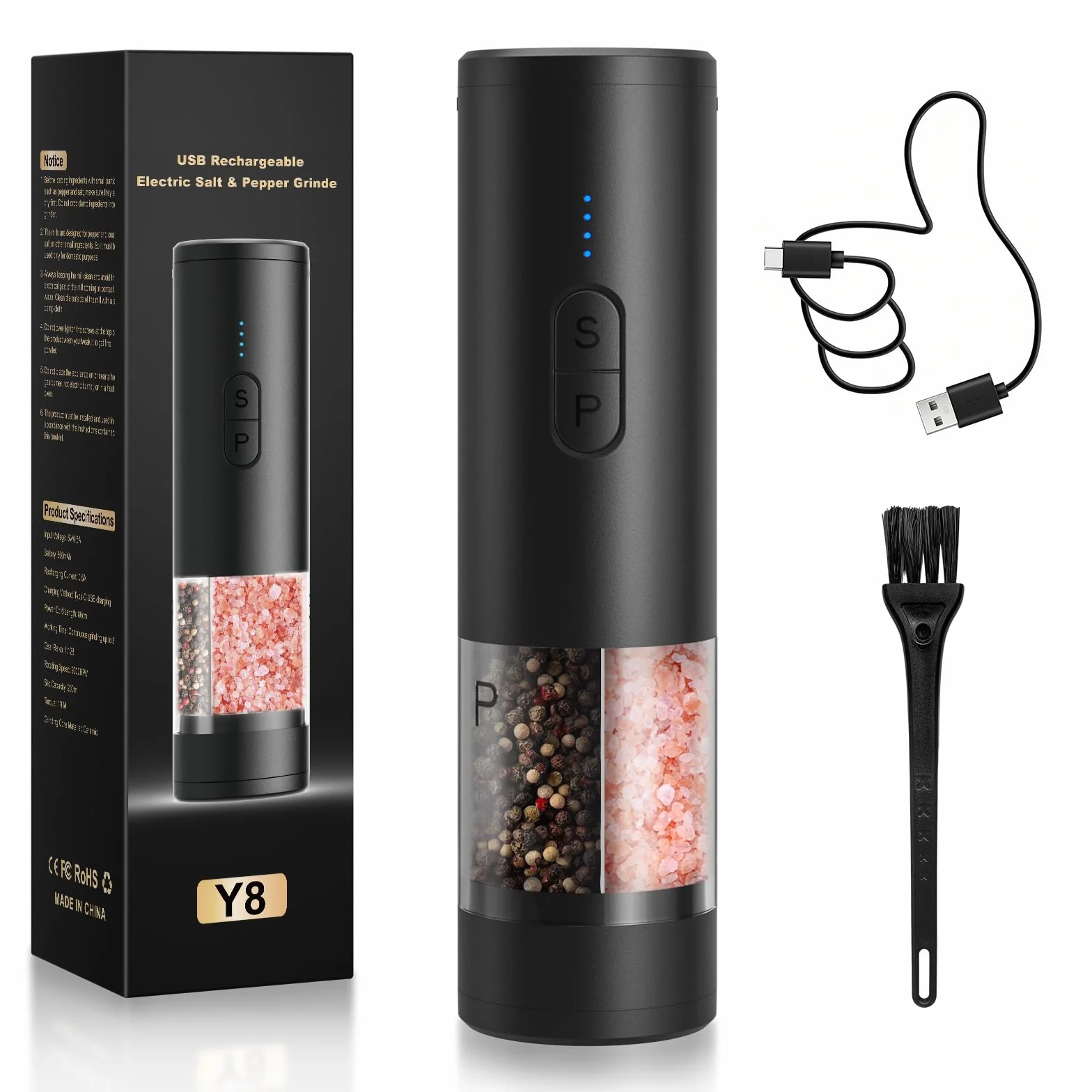 Moulin à Sel et Poivre Électrique 2 en 1 Rechargeable avec Éclairage LED, Réglable, Grande Capacité, Noir