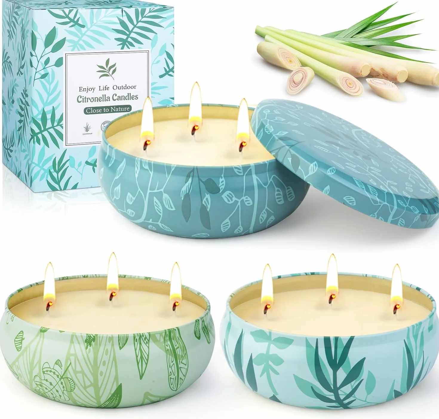 Bougie d'extérieur Citronnelle 36 oz 3 Mèches, Cire de Soja Naturelle, Jardin, Camping, Terrasse