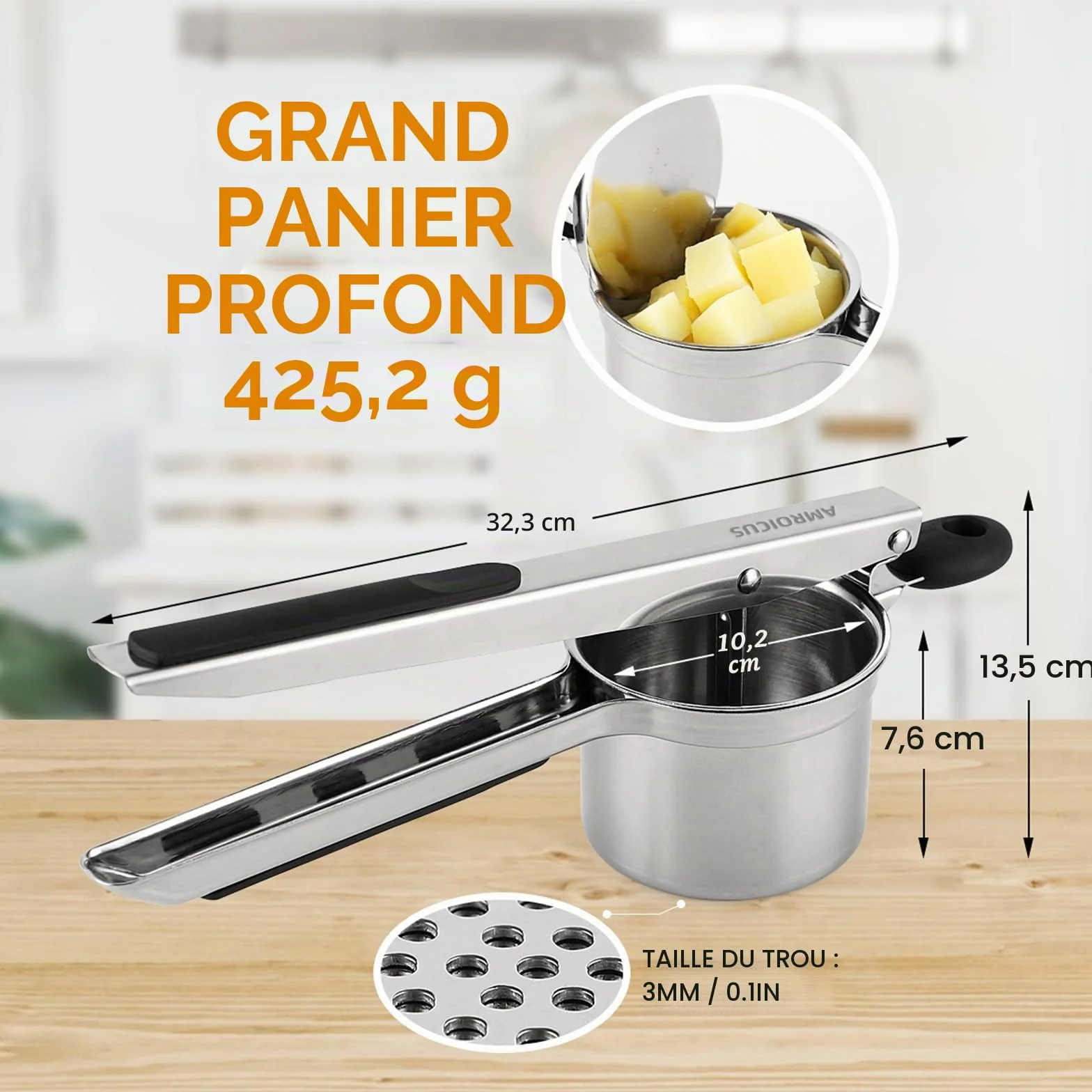 Presse-purée inox 450 ml fond perforé fixe, presse à pommes de terre grande capacité