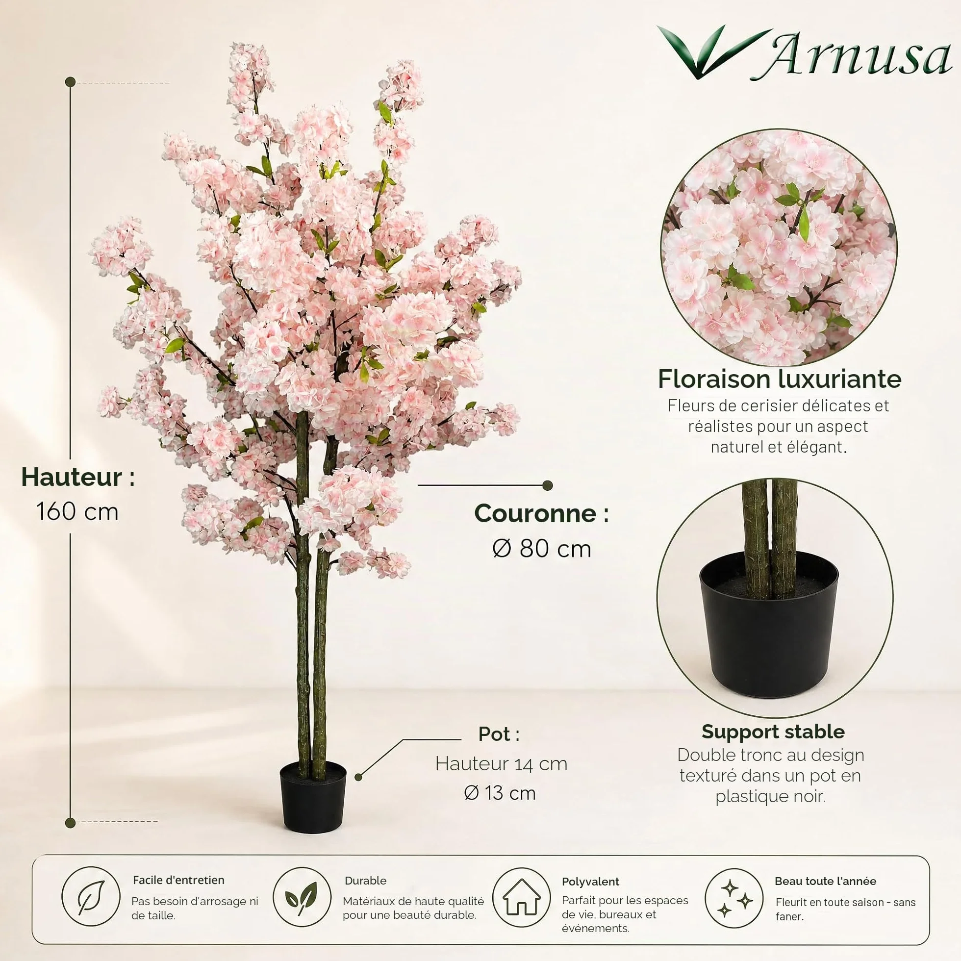 Arnusa Plante artificielle Cerisier Arbre Artificiel Rose 160 cm