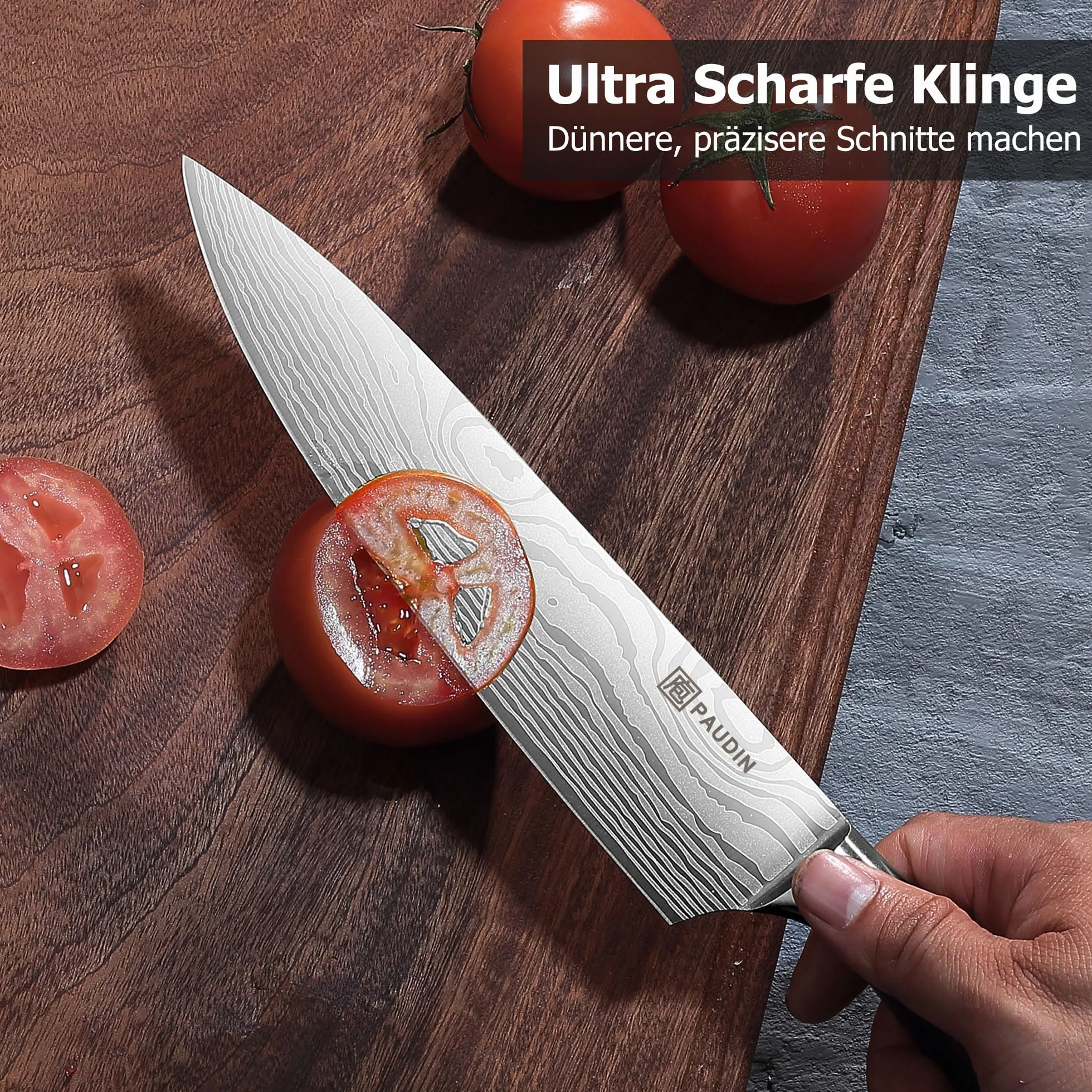 PAUDIN Set Couteau Cuisine Professionnel 5 Pièces Acier Inoxydable Couteau Chef Santoku Bois