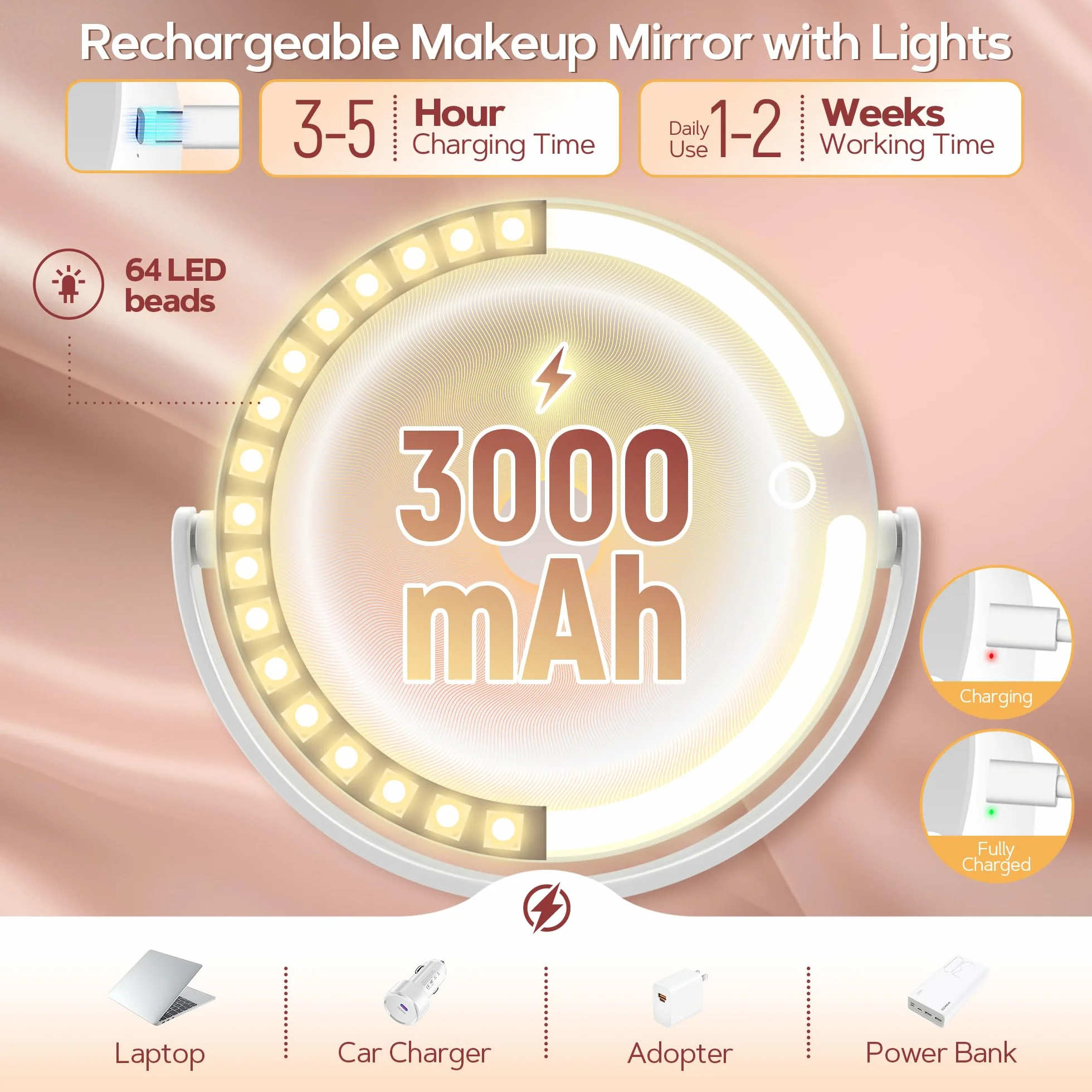 B Beauty Planet Miroir de Maquillage Éclairé 30X LED 3 Couleurs Intensité Variable Réglable en Hauteur Miroir Cosmétique 2 Côtés Blanc