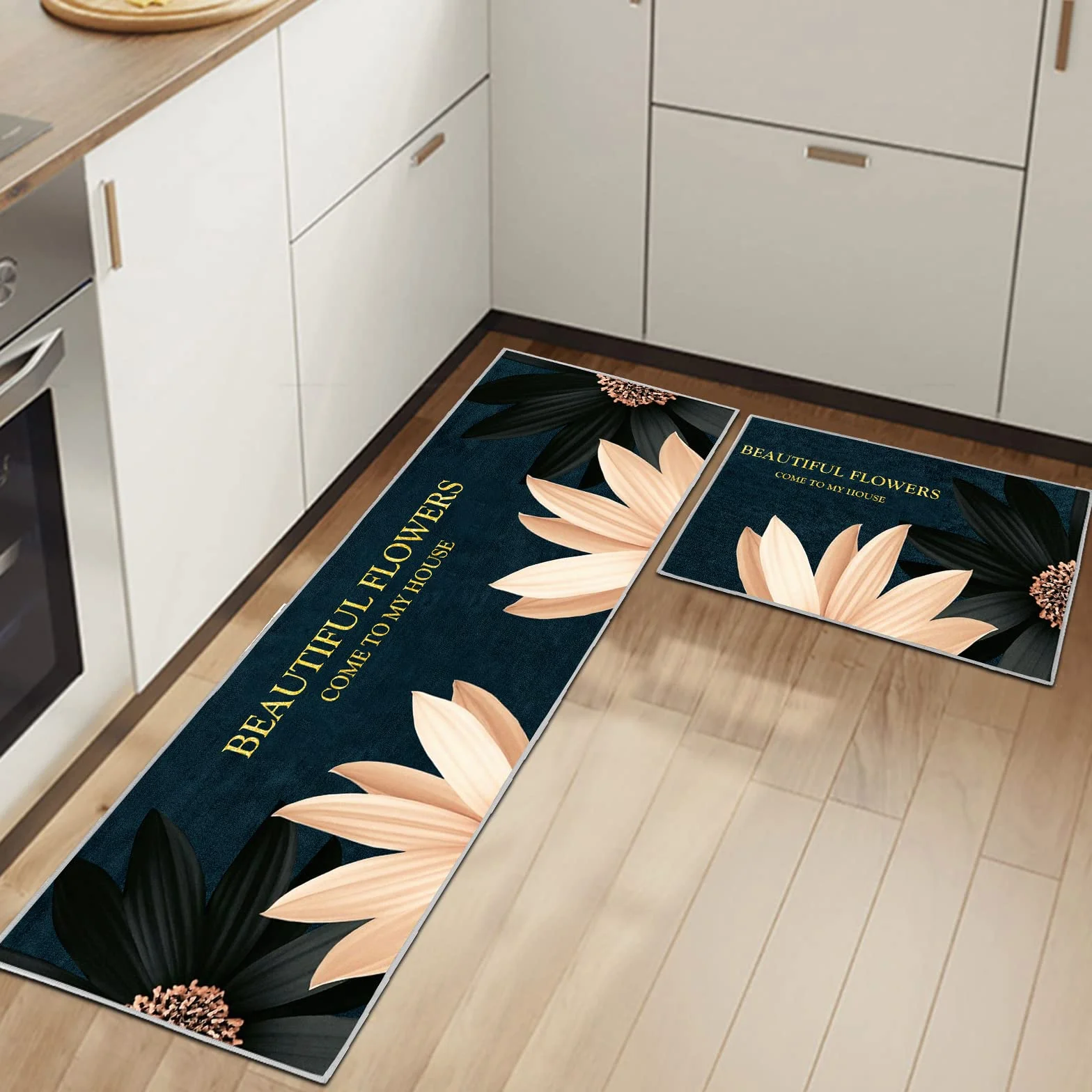 Lot de 2 Tapis de Sol Anti-Fatigue Imperméables Antidérapants Confortables Floral A 40x60+40x120cm