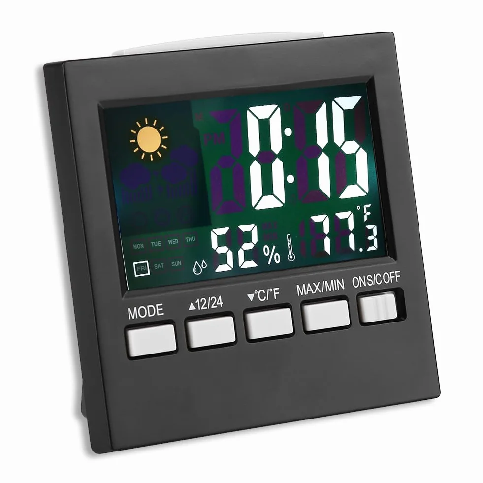 Réveil numérique avec thermomètre et calendrier, affichage température humidité rétroéclairé portable pour chambre salon