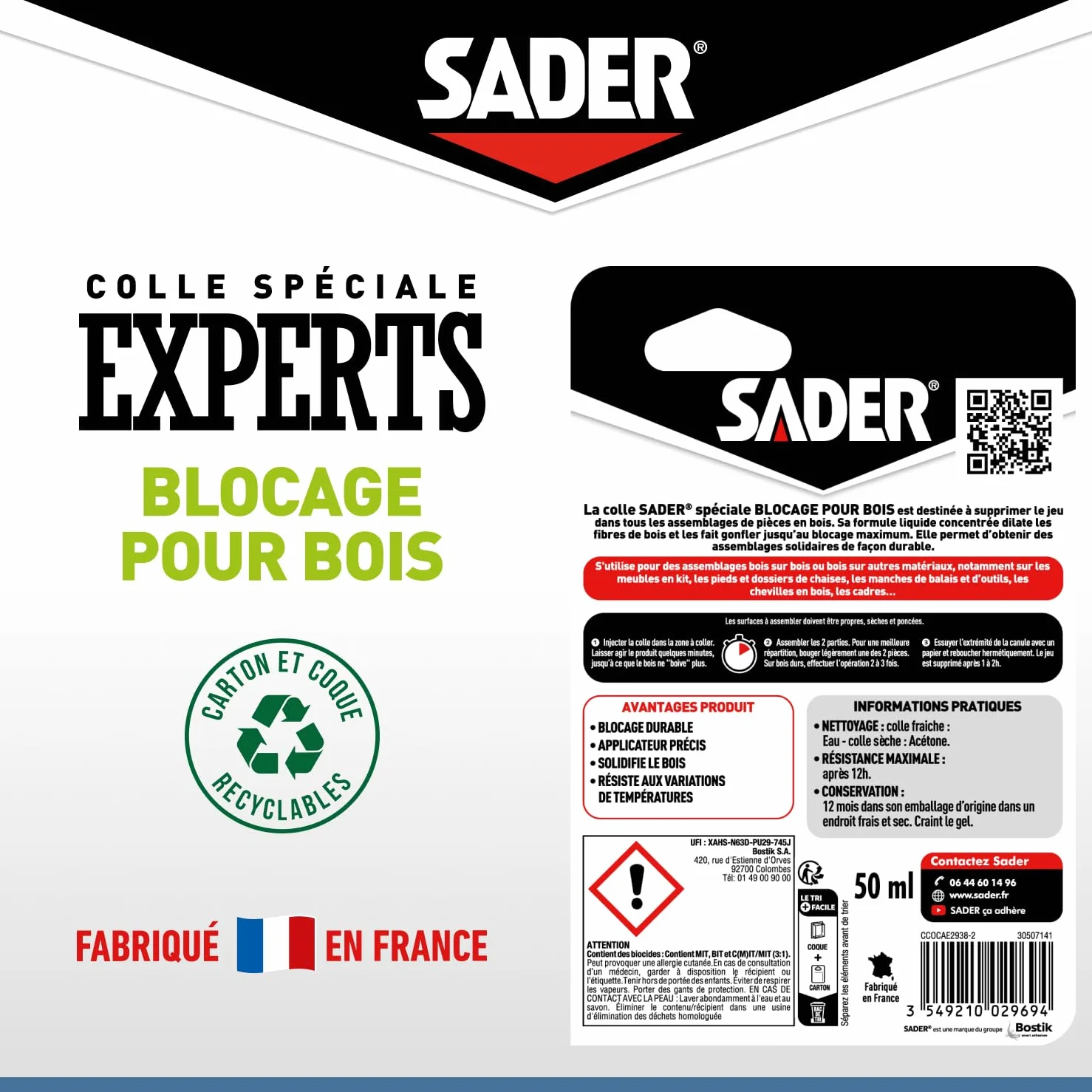 Sader Colle Bois Bloquage 50ml Blister Blanc