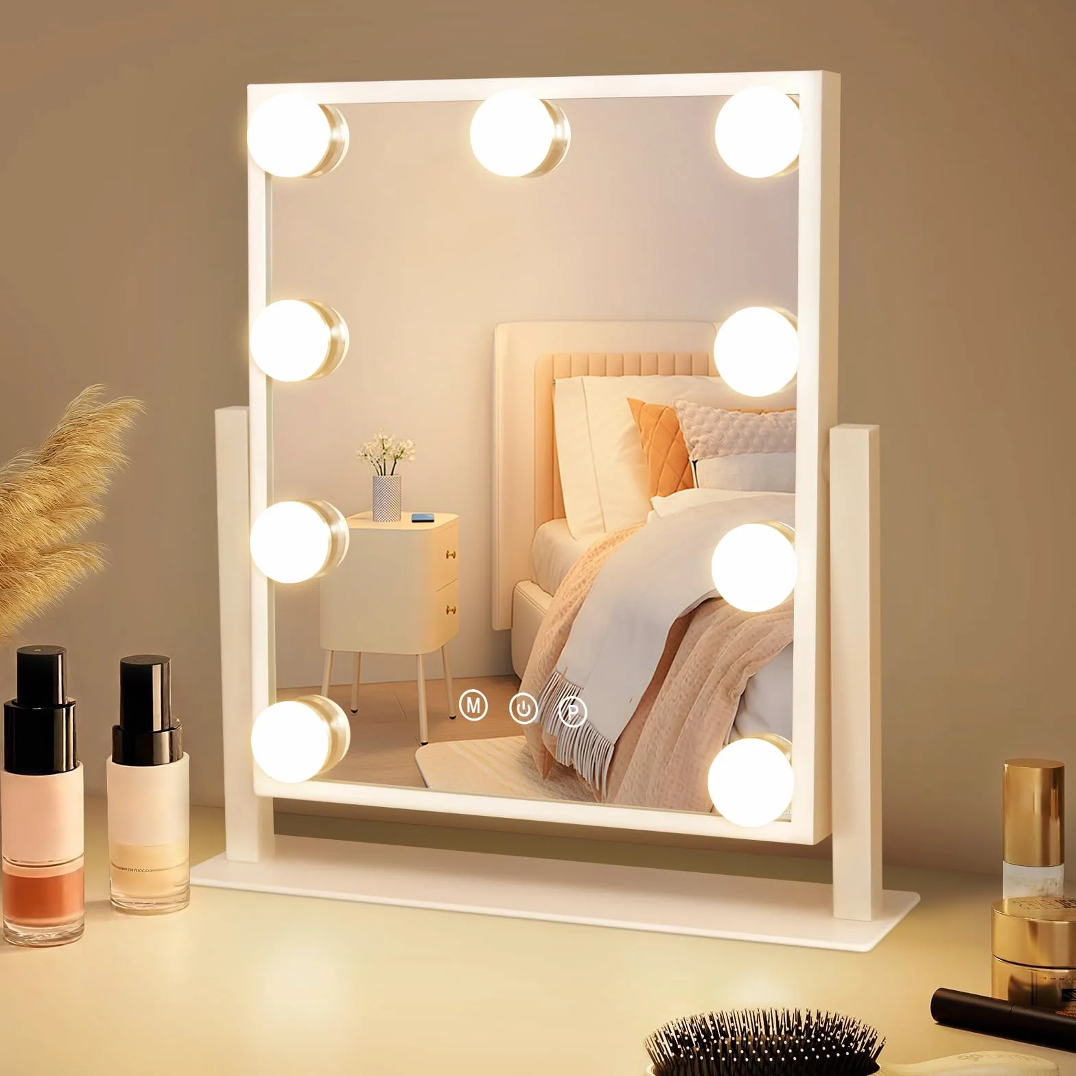 Miroir de Maquillage Hollywood avec éclairage LED 9 LED - Miroir vanité - Rotation 360° 3 Modes - Miroir de Coiffeuse Tactile