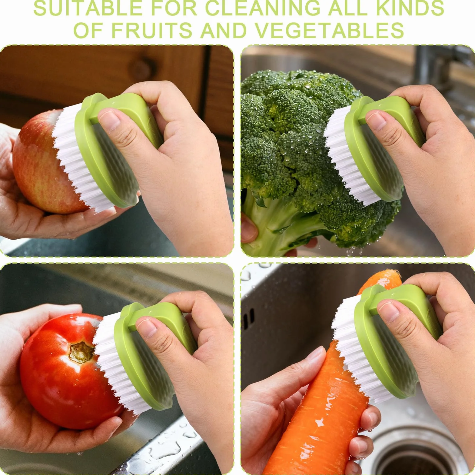 Brosse Légumes 2pcs 8x7x6,5cm PP Poils Rigides Manche Fruits Pommes Terre Carottes Blanc Vert