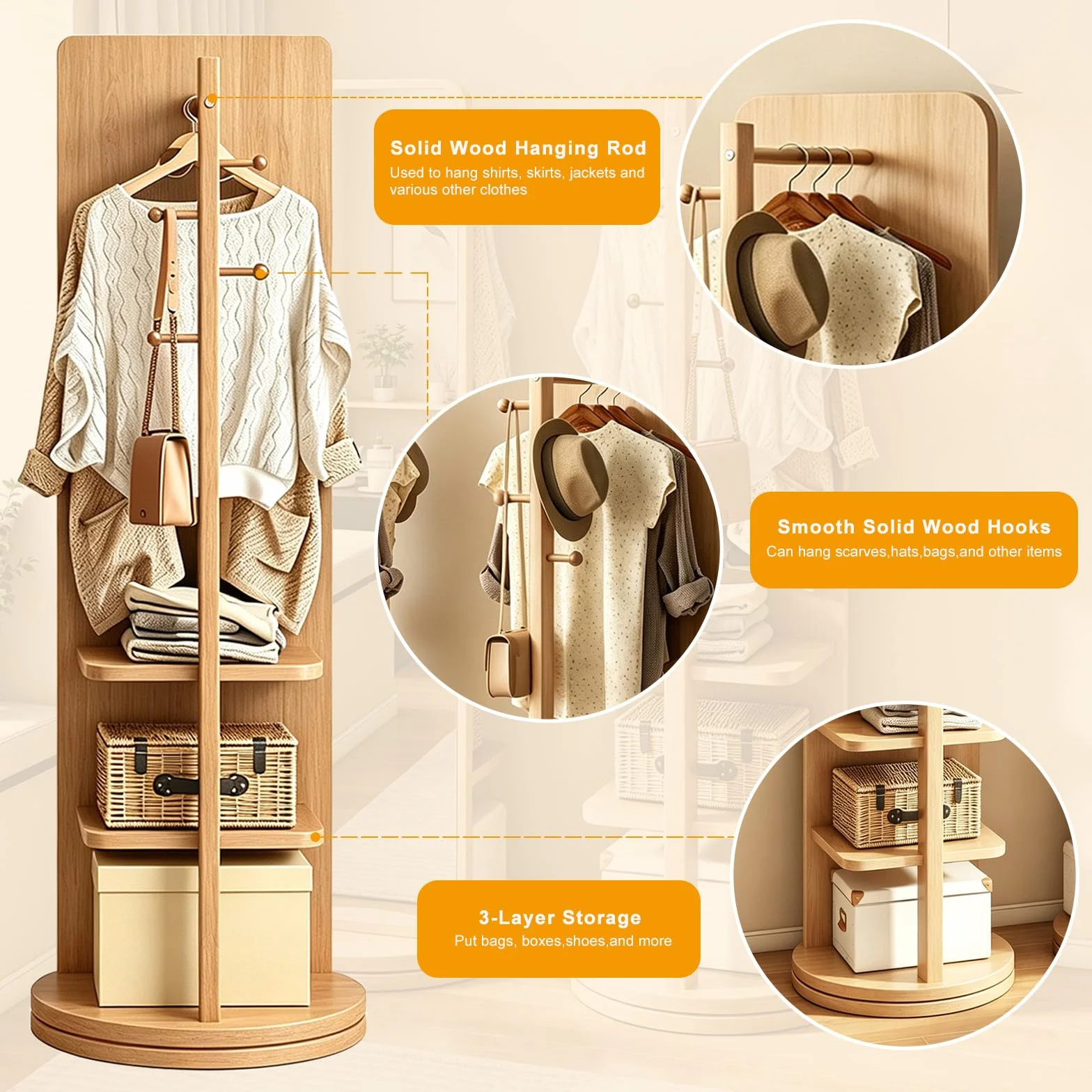 Miroir Pleine Longueur Rotatif à 360° avec Portemanteau en Bois Massif pour Chambre