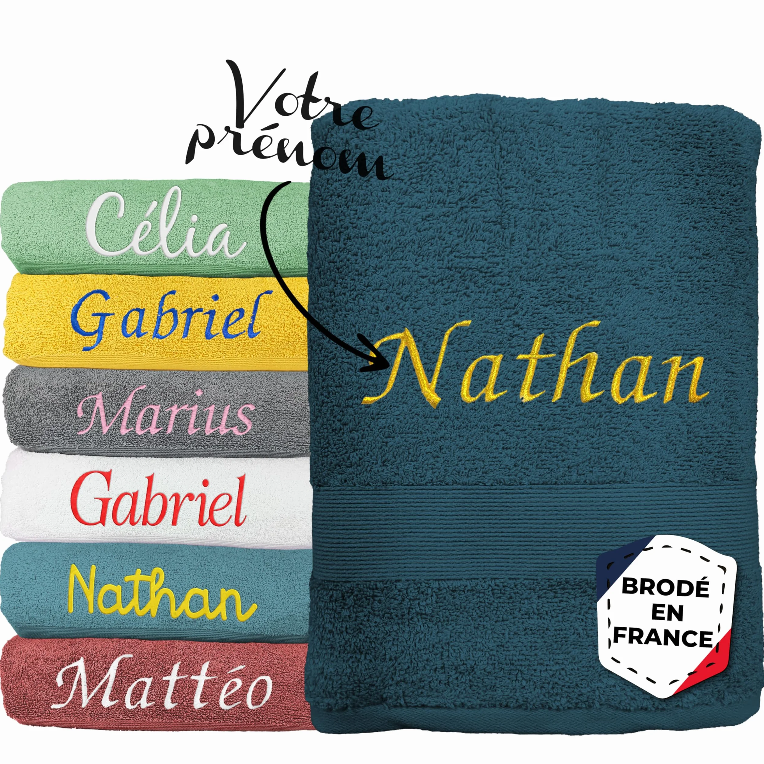 Serviette personnalisée 100% Coton Prénom brodé Drap de Bain Douche 70x130cm Bleu Nuit Cadeau Noël Anniversaire
