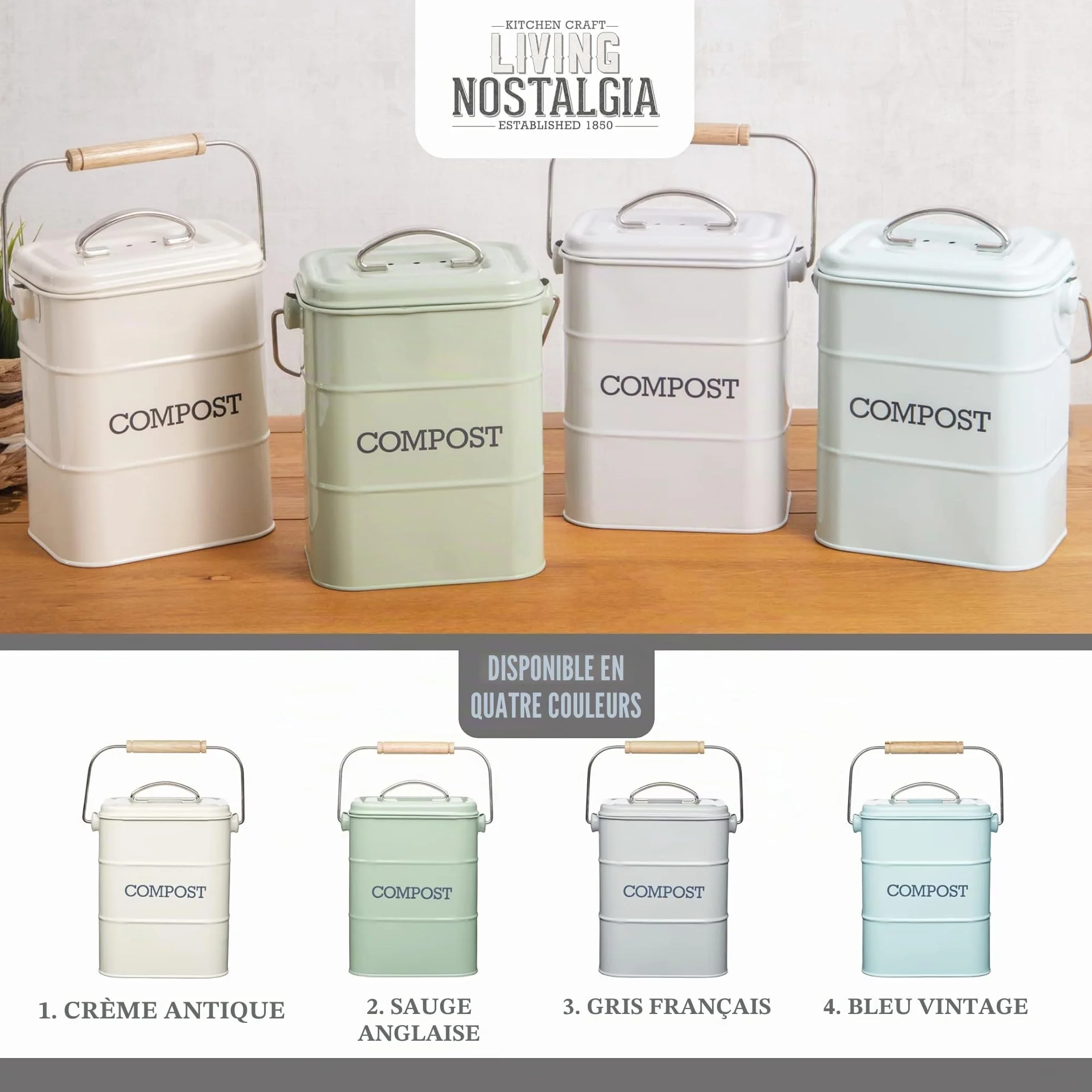KitchenCraft Living Nostalgia Composteur De Cuisine Métal 16,5x12x24 cm Crème Antique