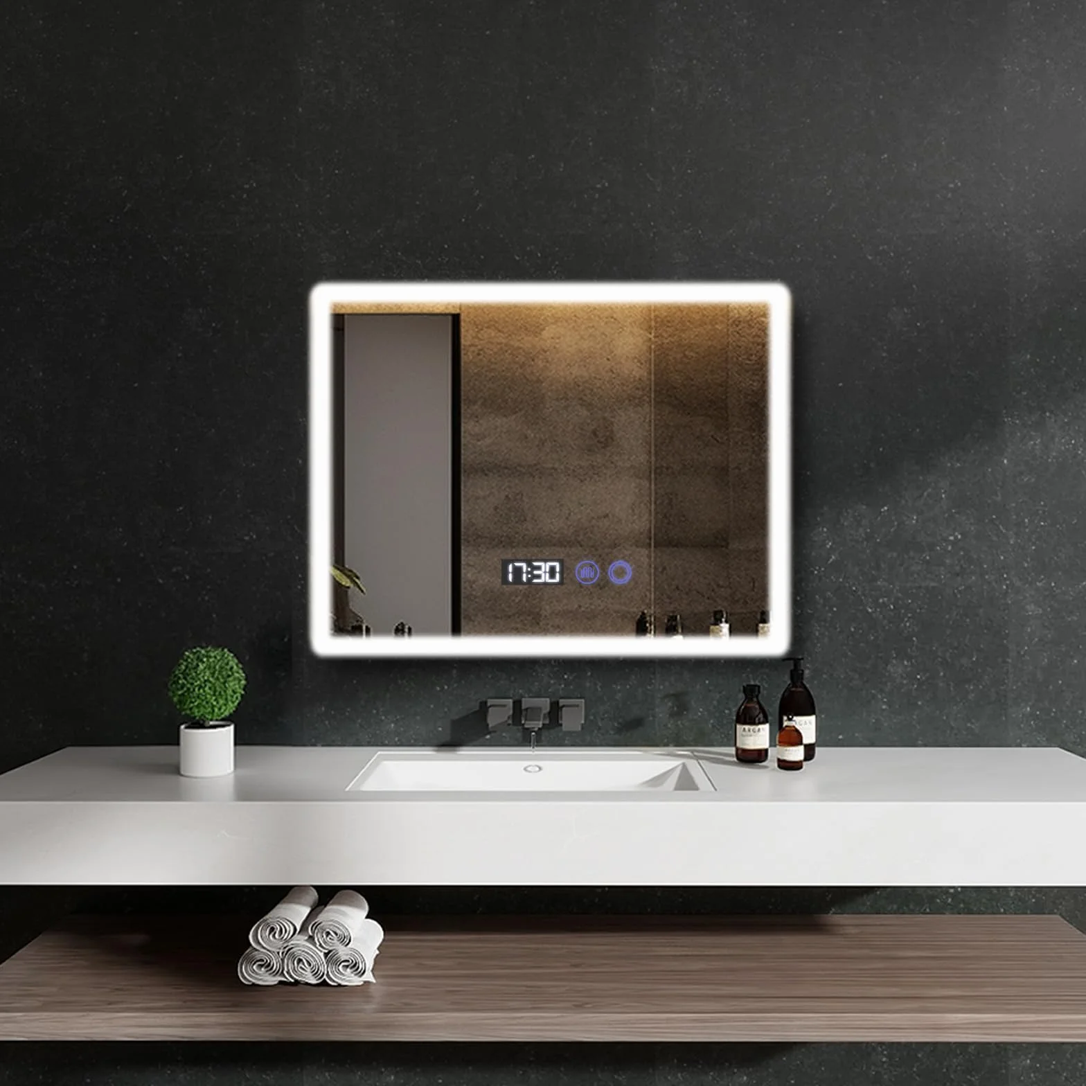 YOURLITE Miroir Salle de Bain LED 80x60 cm Dimmable 3 Couleurs Antibuée Affichage Horloge Température IP44 Blanc