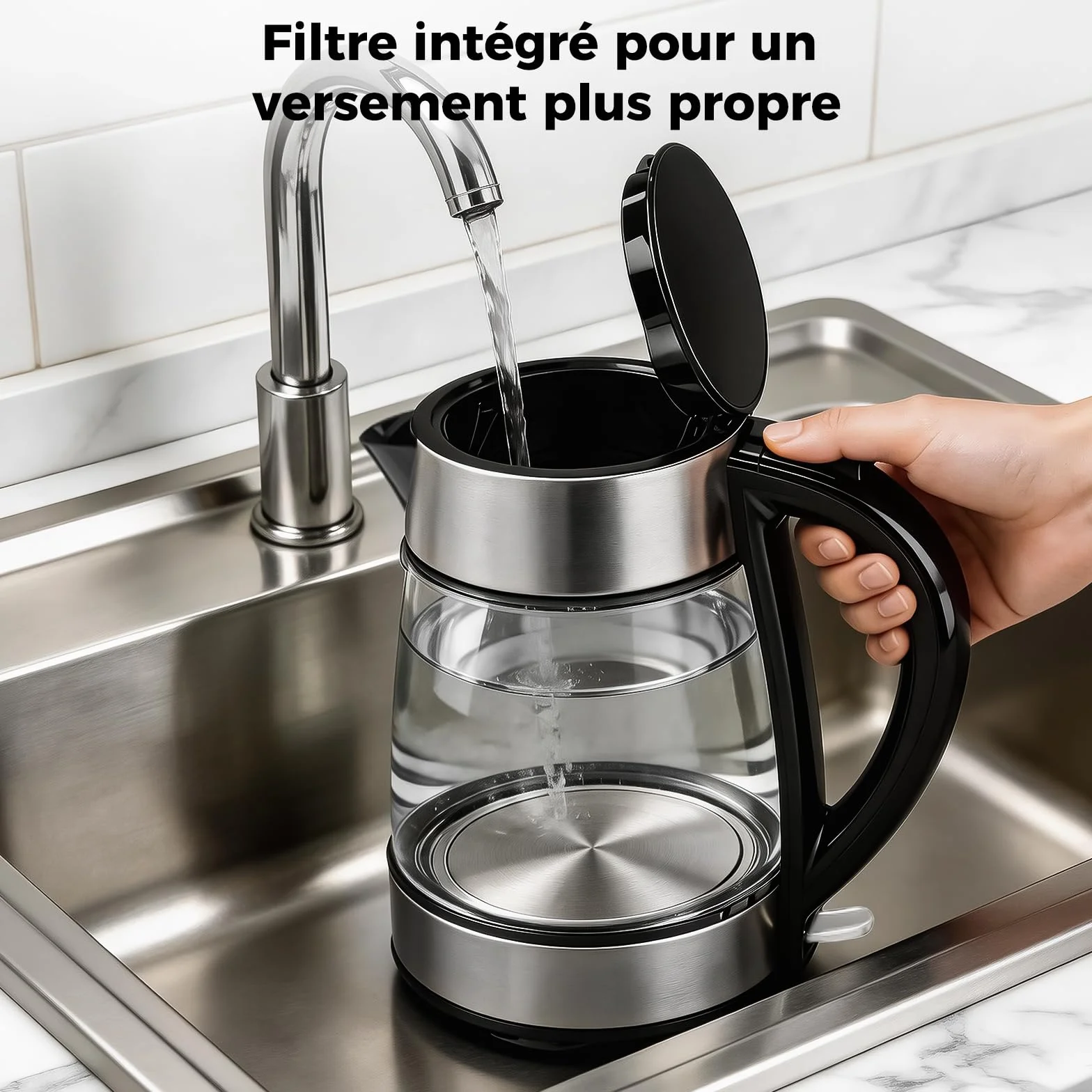 Bouilloire Électrique en Verre 1,7L 2200W avec LED Bleue et Filtre Anticalcaire