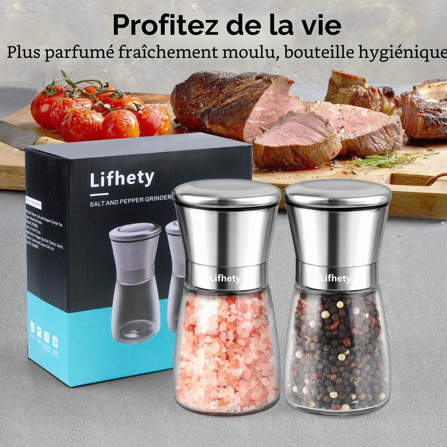 Lot de 2 Moulins à Poivre et Sel avec Broyeur Céramique Réglable, Salière et Poivrière Manuelle, Verre et Inox