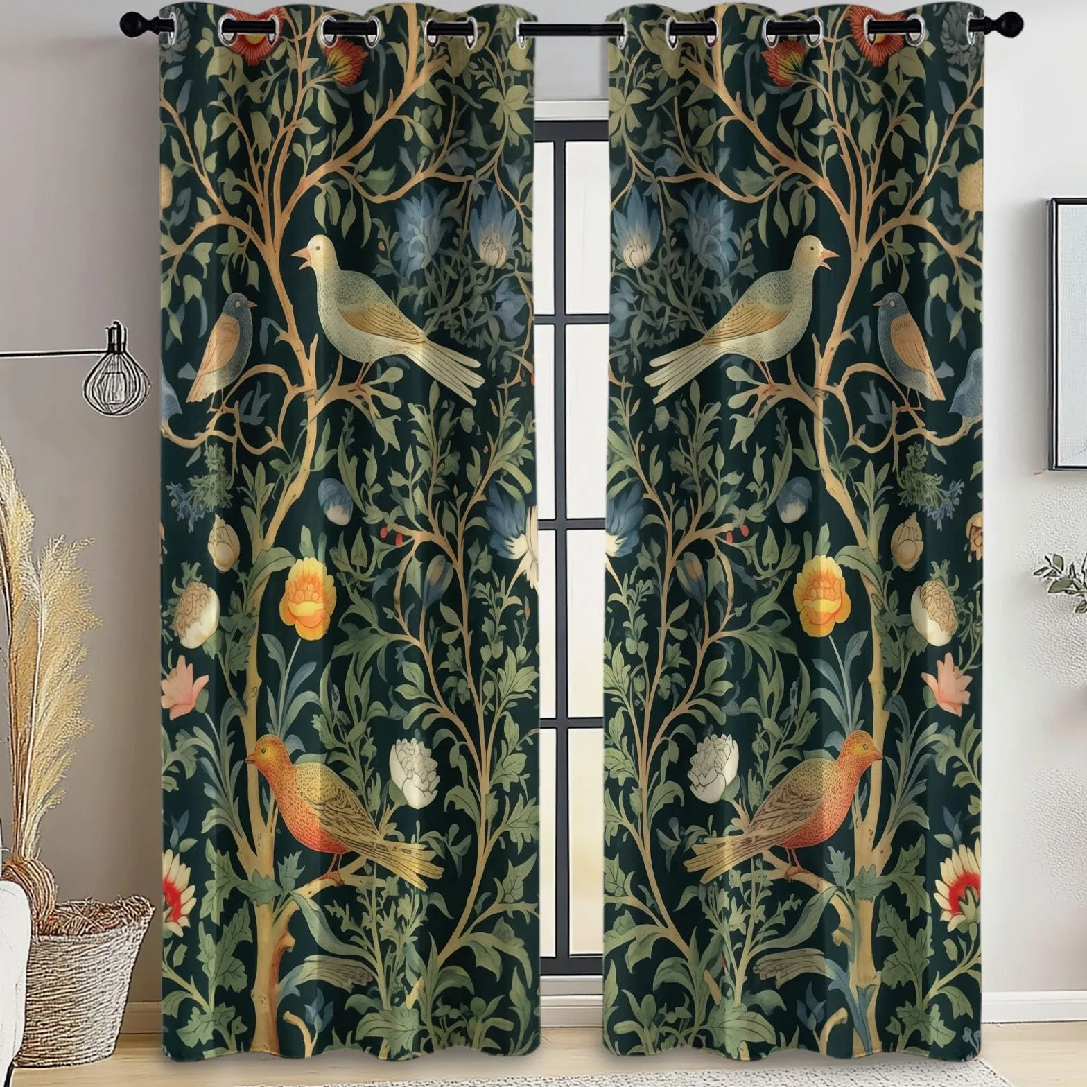 William Morris Fleurs Oiseaux Rideaux à Oeillets 70x240 cm 2 Panneaux Isolant Opaque Vert Foncé Porte-Fenêtre