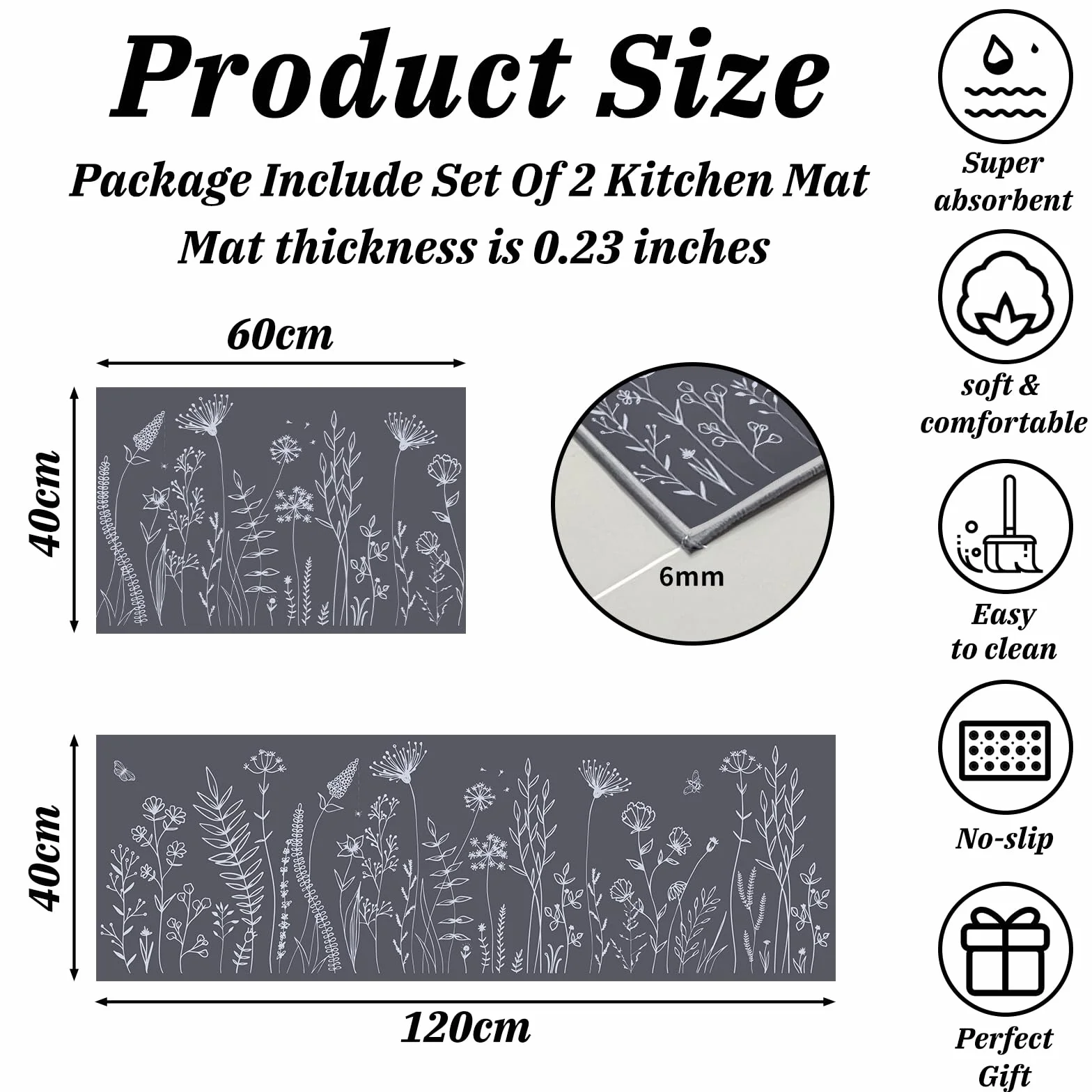 Tapis de Cuisine Lavable en Machine Antidérapant Lot de 2 40x120cm+40x60cm