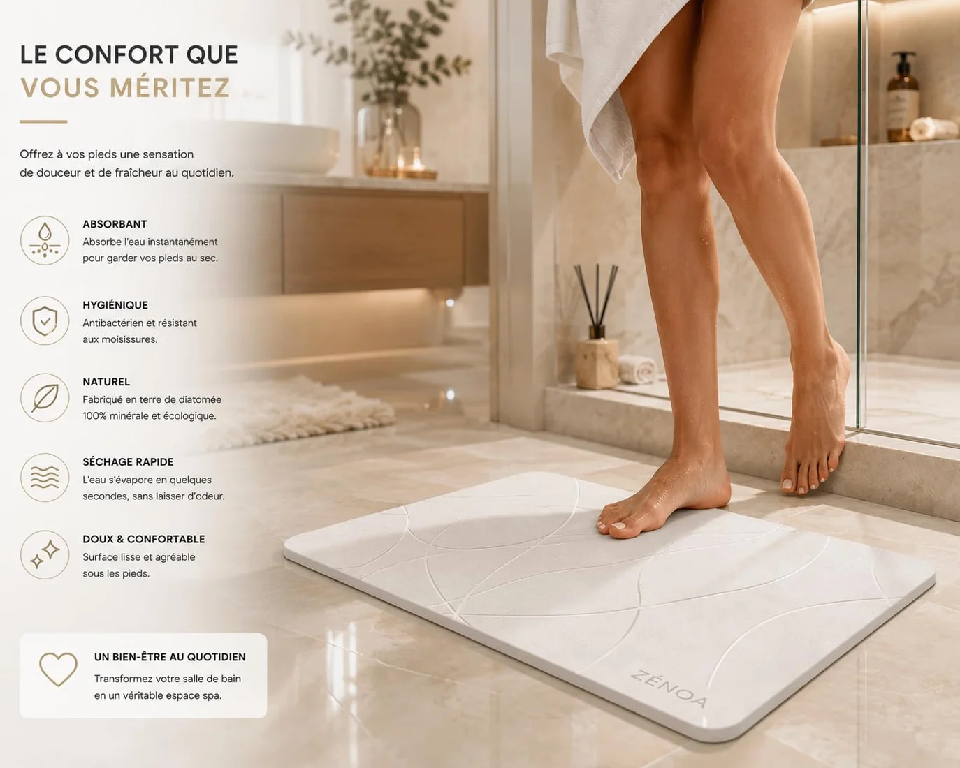 Tapis de Bain en diatomite 60 x 39 cm - Séchage instantané, antidérapant, Surface minérale Ultra absorbante - Blanc & Gris Ligne