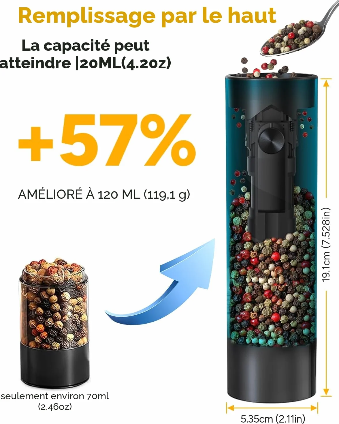 Moulin à sel et à poivre électrique 120 ml lot de 2 avec éclairage LED - Noir