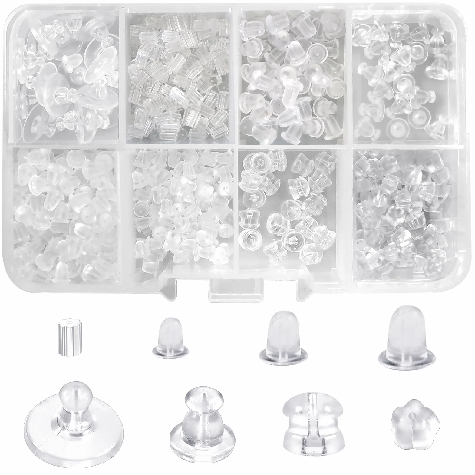 TOAOB 600 Pièces Fermoir Boucle d'Oreilles Silicone 8 Styles Plastique Transparent Hypoallergénique Taille Mixte pour Fabrication de Bijoux