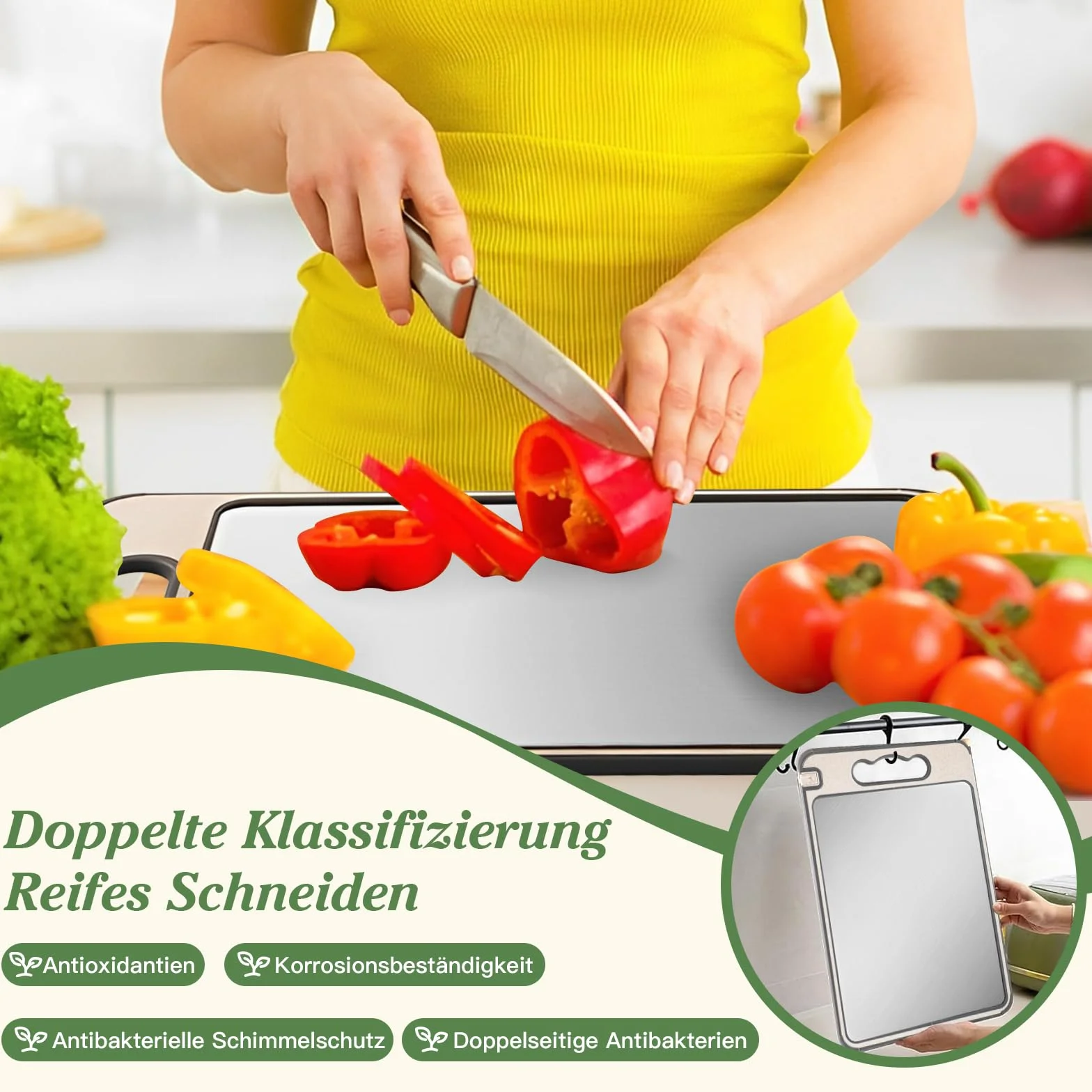 Planche à Découper Inox Double Face Silicone Antidérapante pour Cuisine Viande Poisson Fruits Légumes