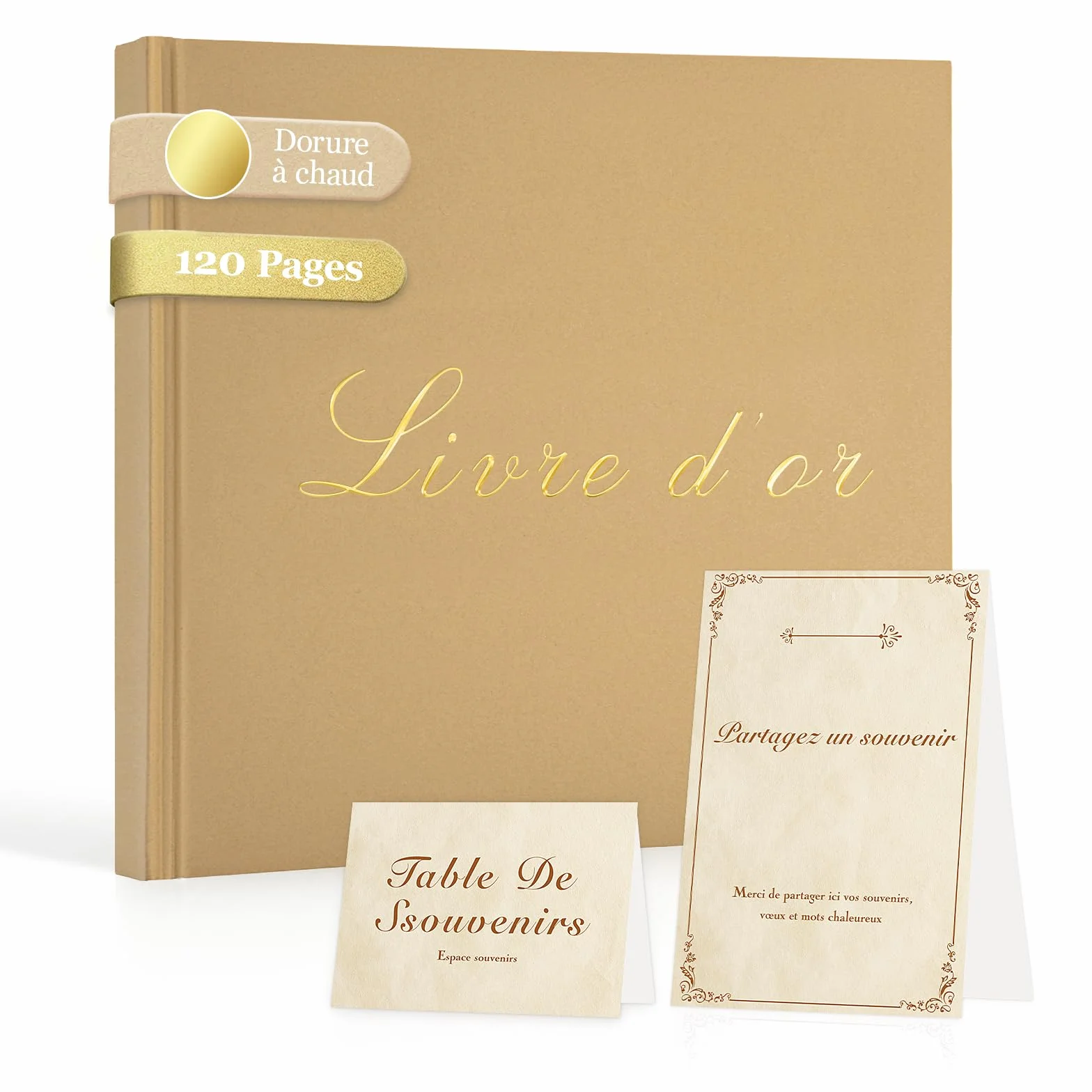 Livre d’or Kraft 20×20 cm Dorure Vintage Papier Épais Anti-Transfert Reliure Rigide Avec Chevalet et Cartes