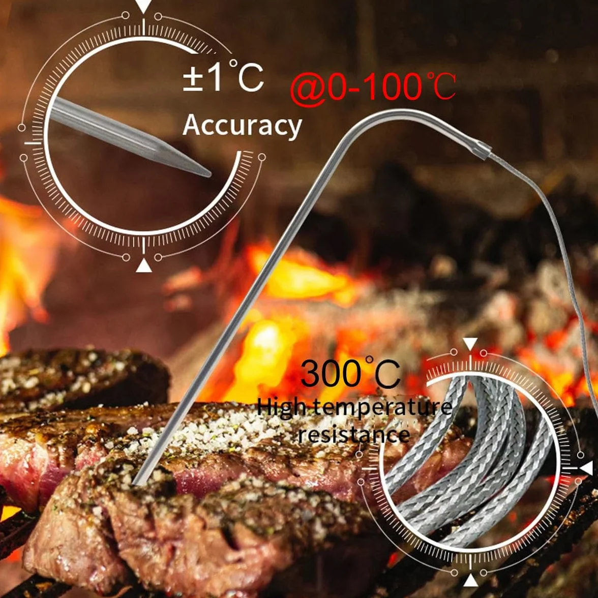Grand thermomètre numérique LCD pour cuisson des aliments et de la viande avec sonde en acier inoxydable, fumoir, four, barbecue