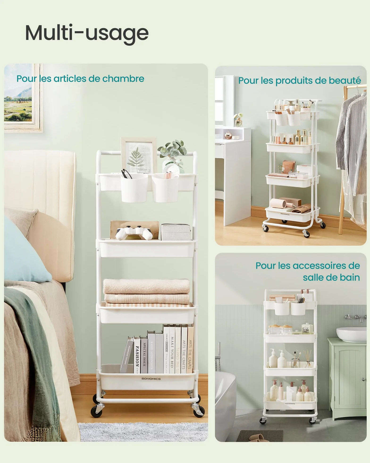 SONGMICS Chariot de Rangement 4 Niveaux sur Roulettes avec Poignée et Freins Blanc