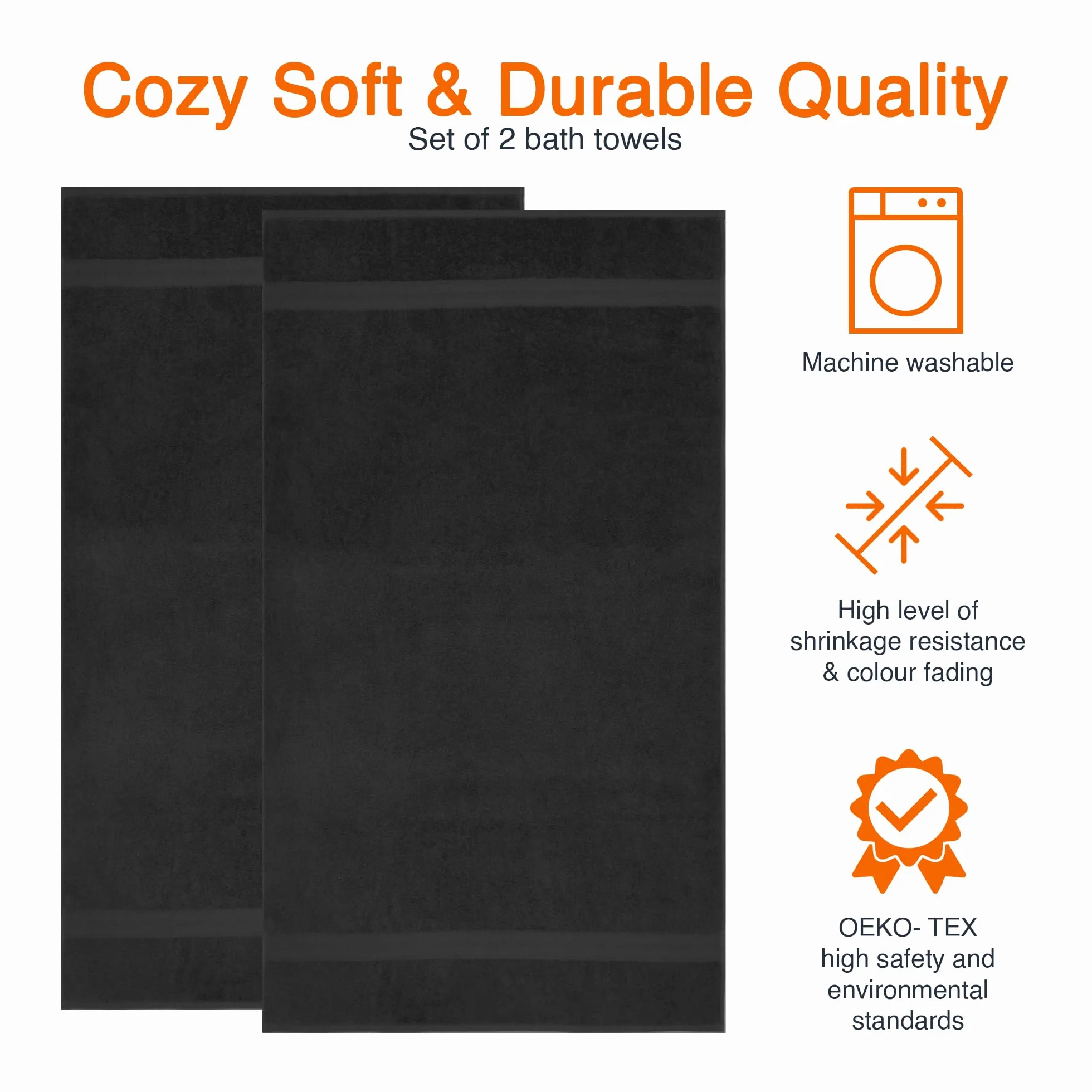 Amazon Basics Drap de Bain Grande Taille 100% Coton Anti-décoloration 70 x 140 cm Noir Lot de 2